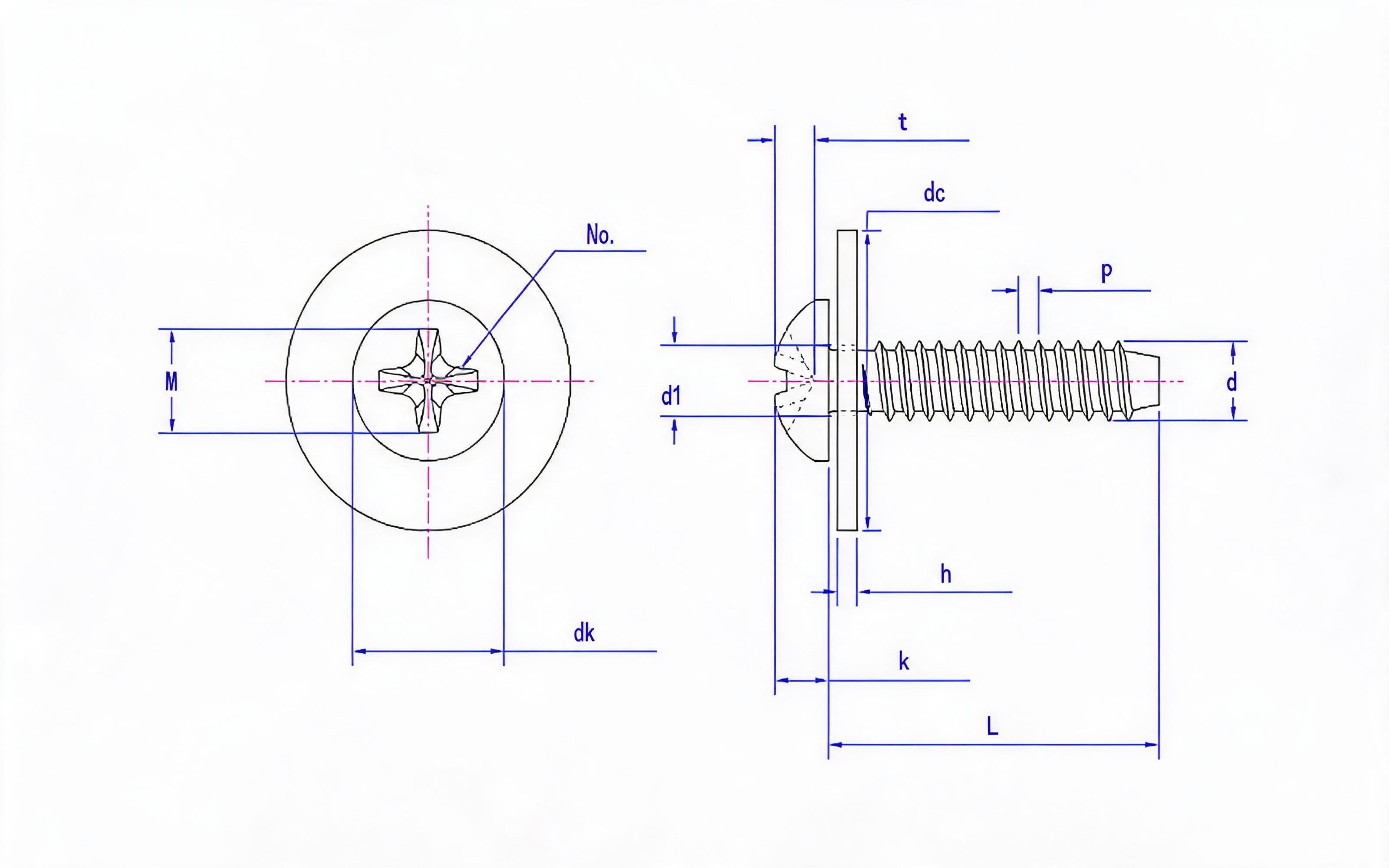 Combination of cross recessed panhead self-tapping screw and large flat washer Type F Standard Drawing
