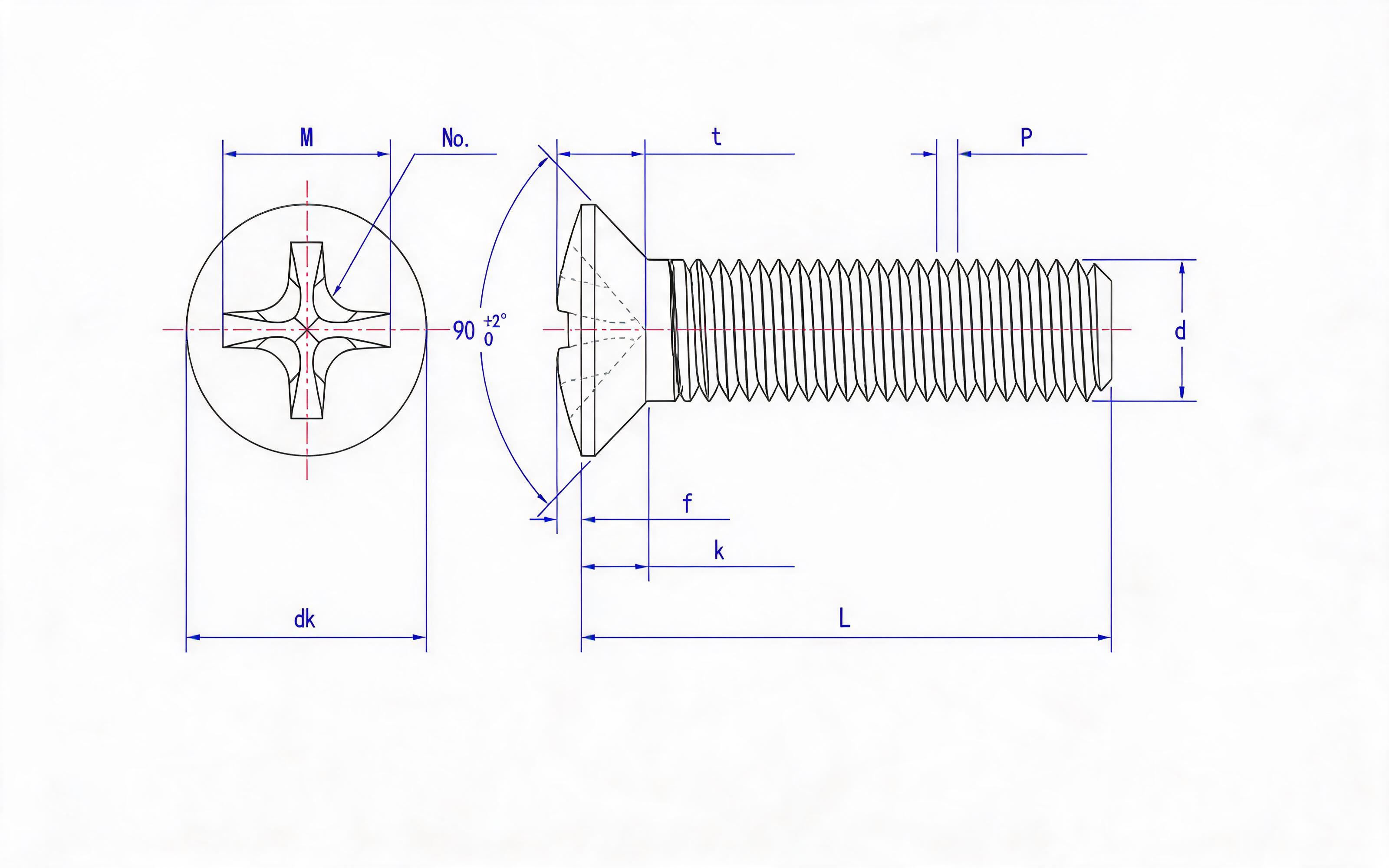 Precision Cross recessed countersunk head screws - Table 3 Standard Drawing