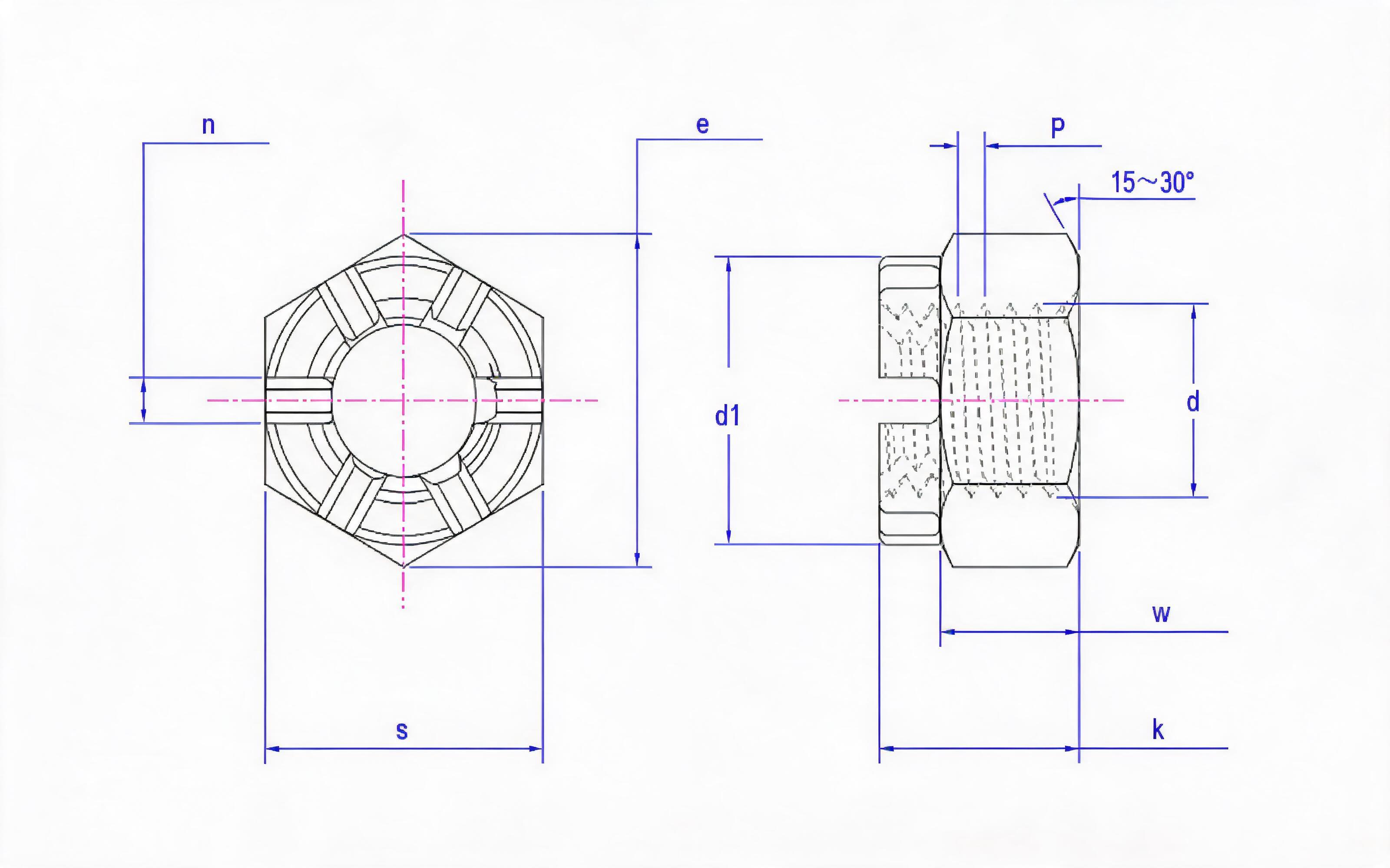 Type 2 Slotted Crown Nut Fine Thread Standard Drawing