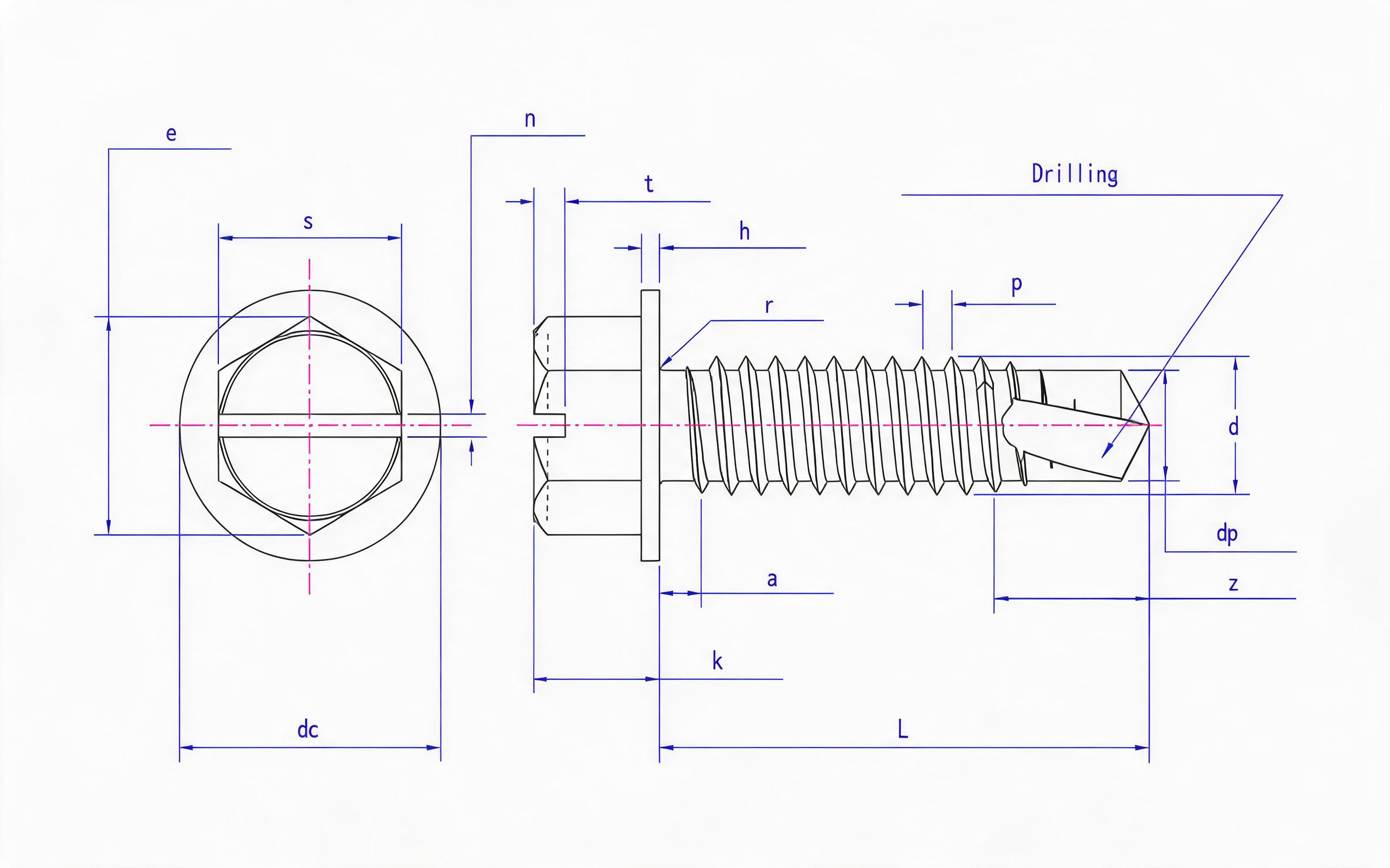 Slotted hexagon self-tapping screw with intermediate drill tail Standard Drawing