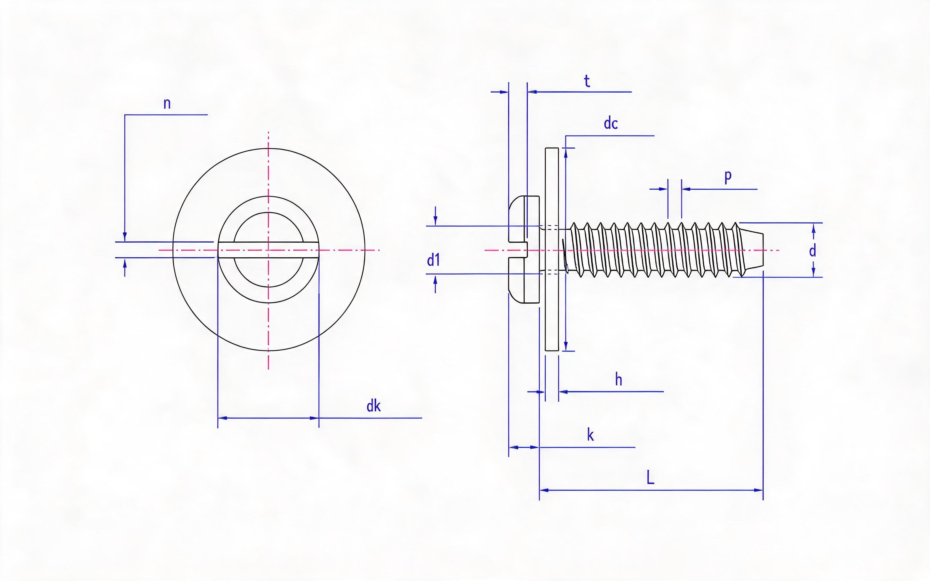 Slotted panhead self-tapping screw and large flat washer combination type F Standard Drawing