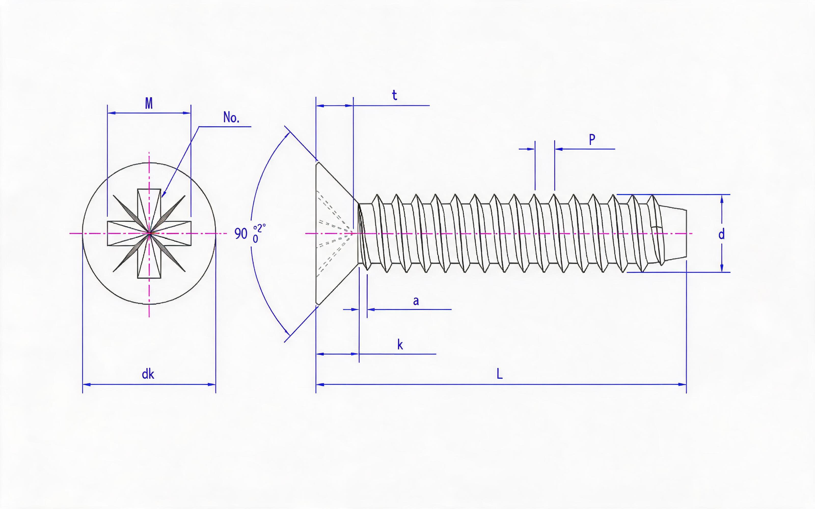Type F countersunk head self-tapping screw with herringbone groove Standard Drawing