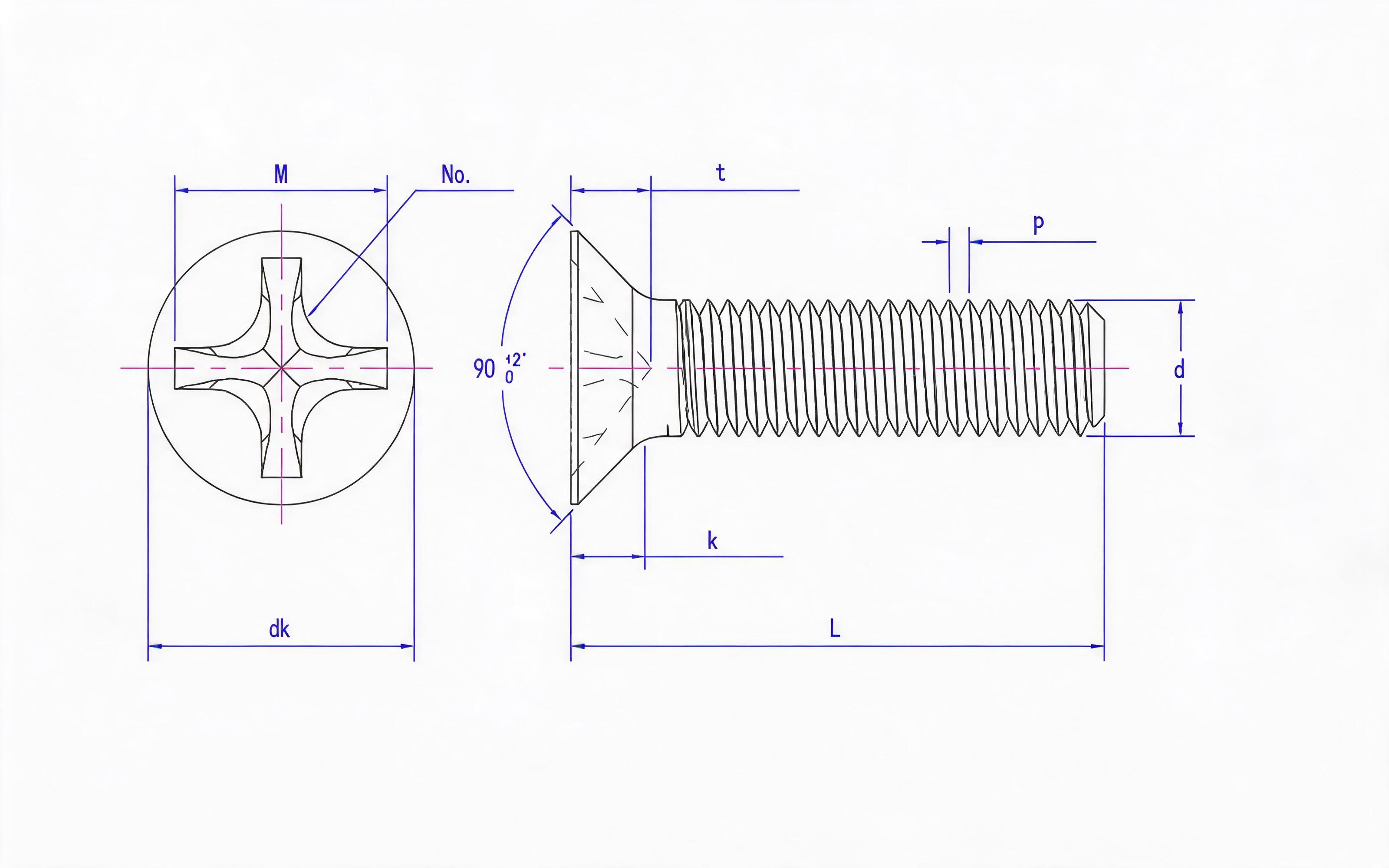 Grade 8.8, stainless steel and non-ferrous light cross recessed countersunk head screws (H-groove) Standard Drawing