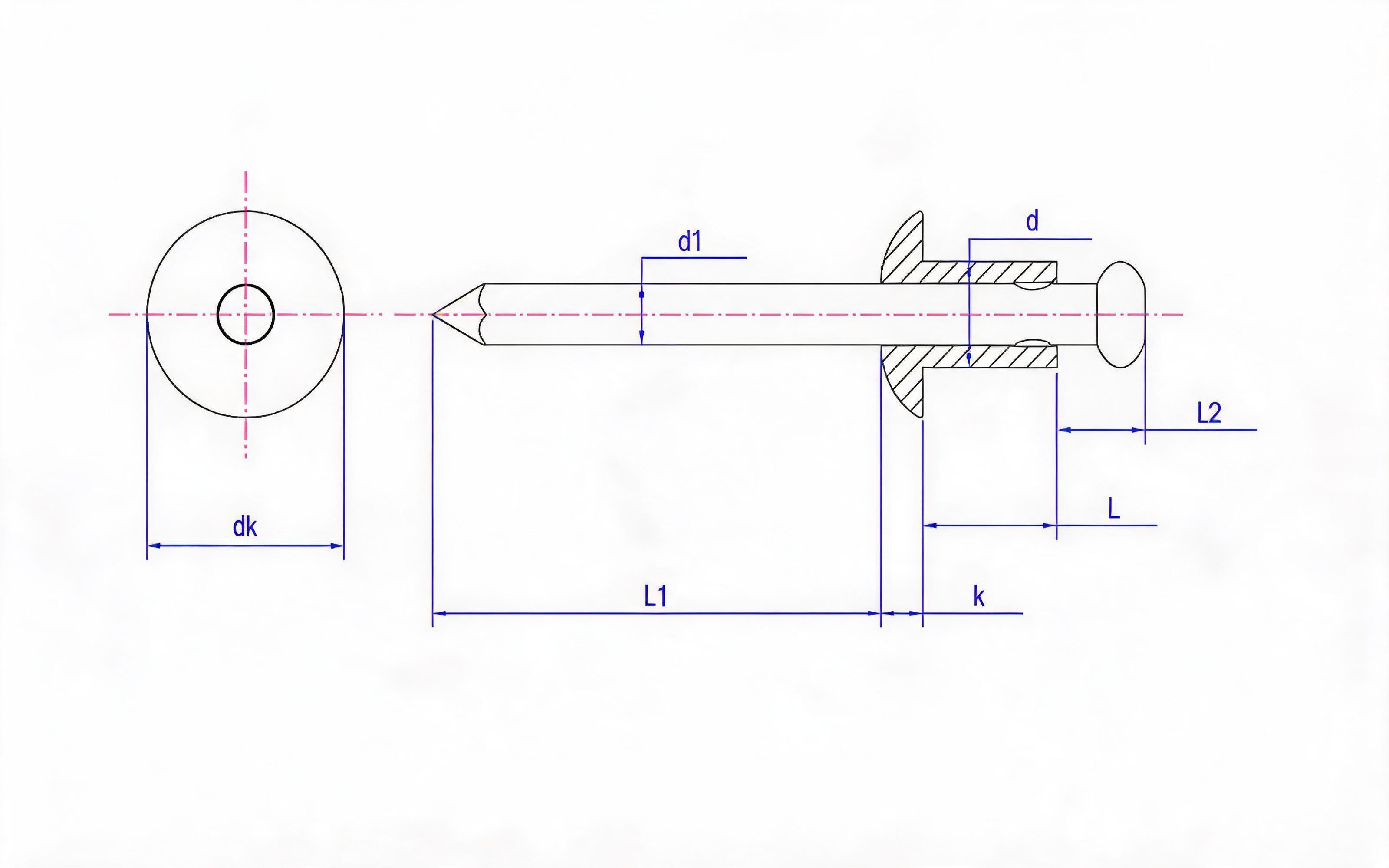 Open end cheese head pop rivet Standard Drawing
