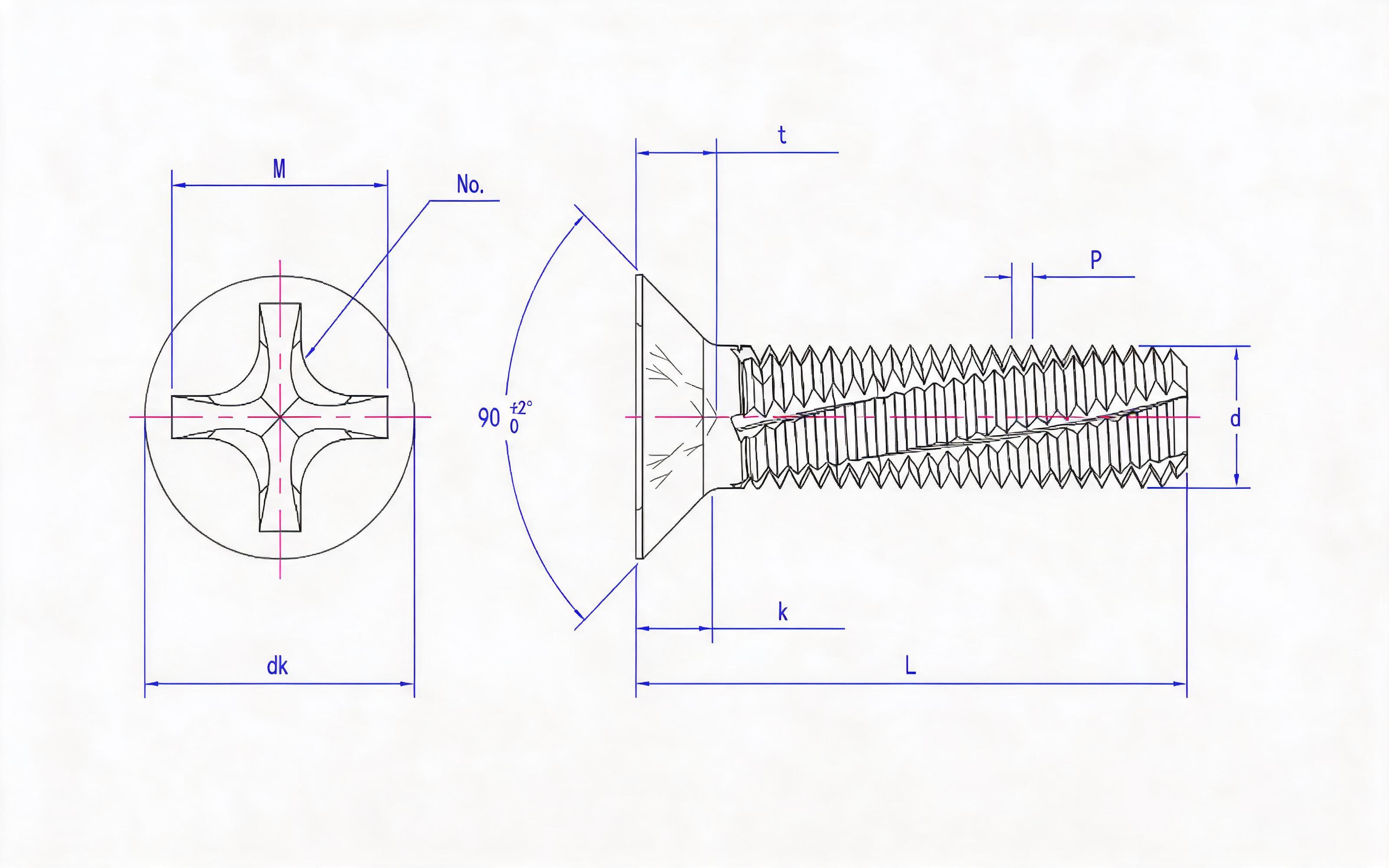 Cross recessed countersunk head cutting screw (type H) Standard Drawing