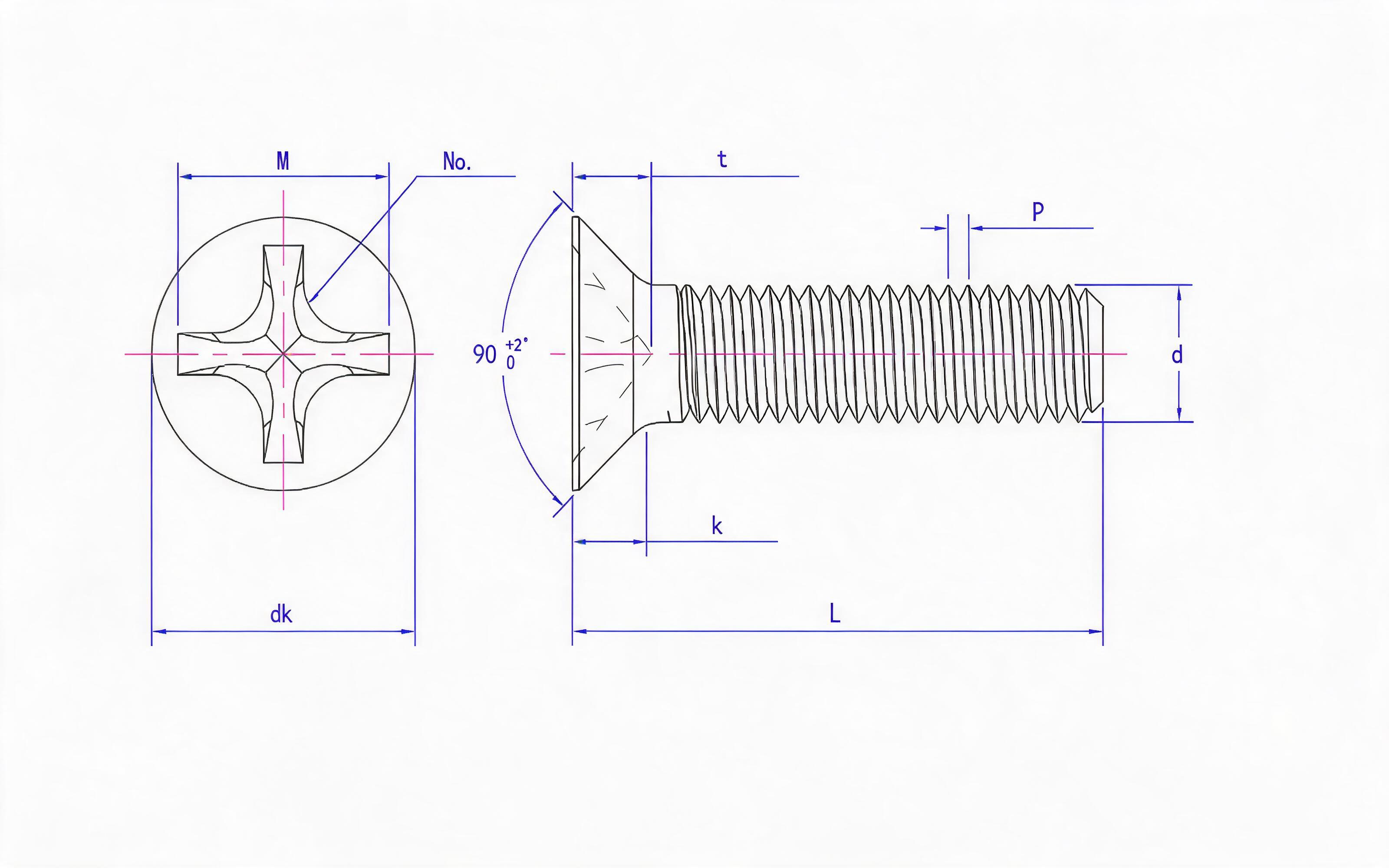 Grade 8.8, stainless steel and non-ferrous light cross recessed countersunk head screws (H-groove) Standard Drawing