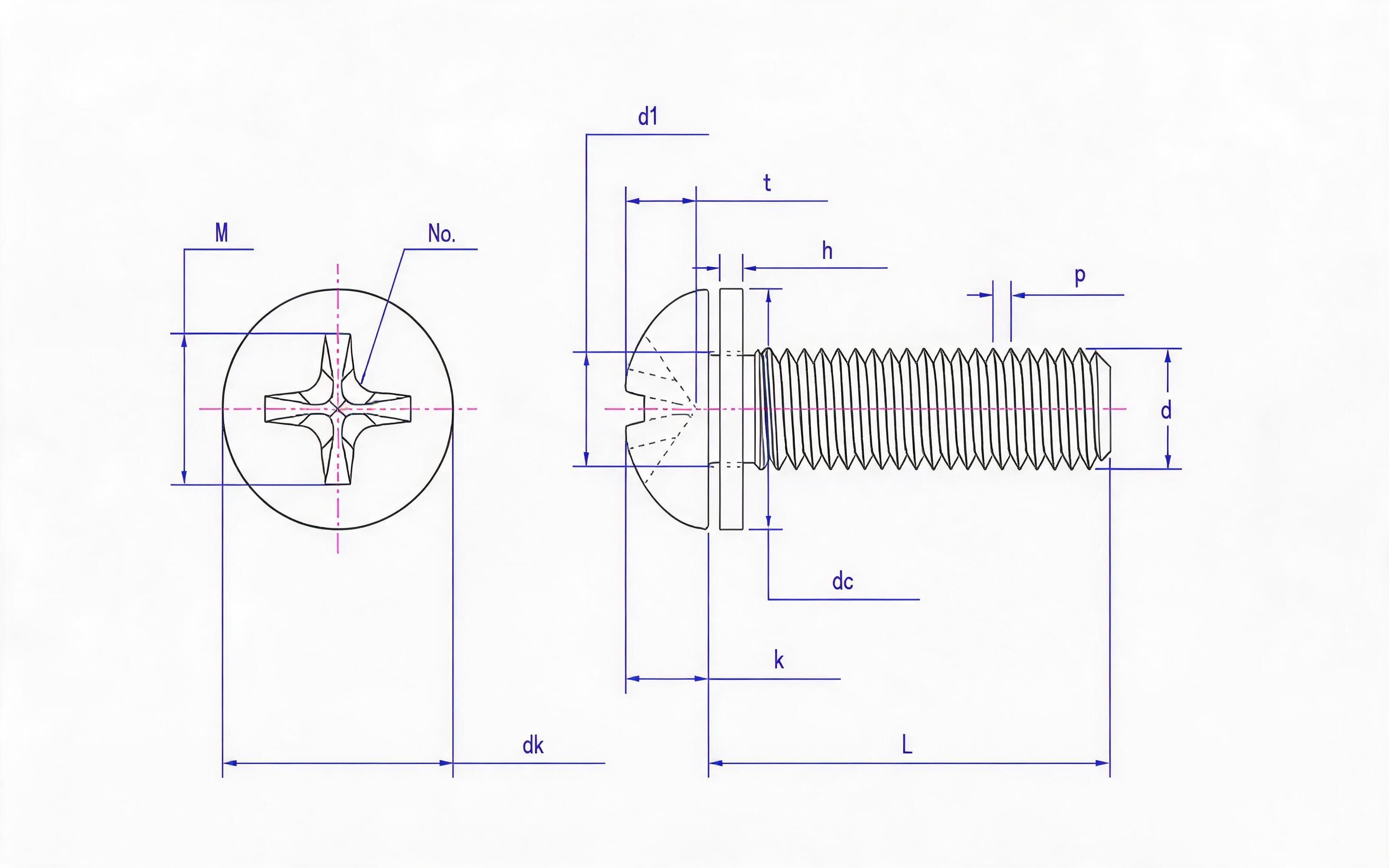 Cross recessed panhead screw (H-groove) and flat washer combination Standard Drawing