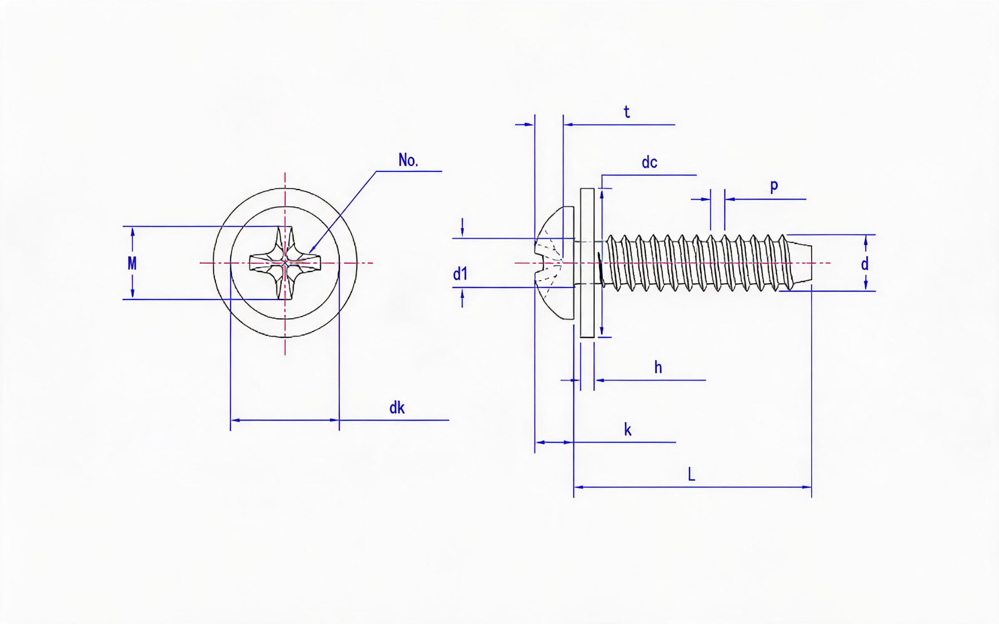 Cross recessed panhead self-tapping screw and flat washer combination type F Standard Drawing