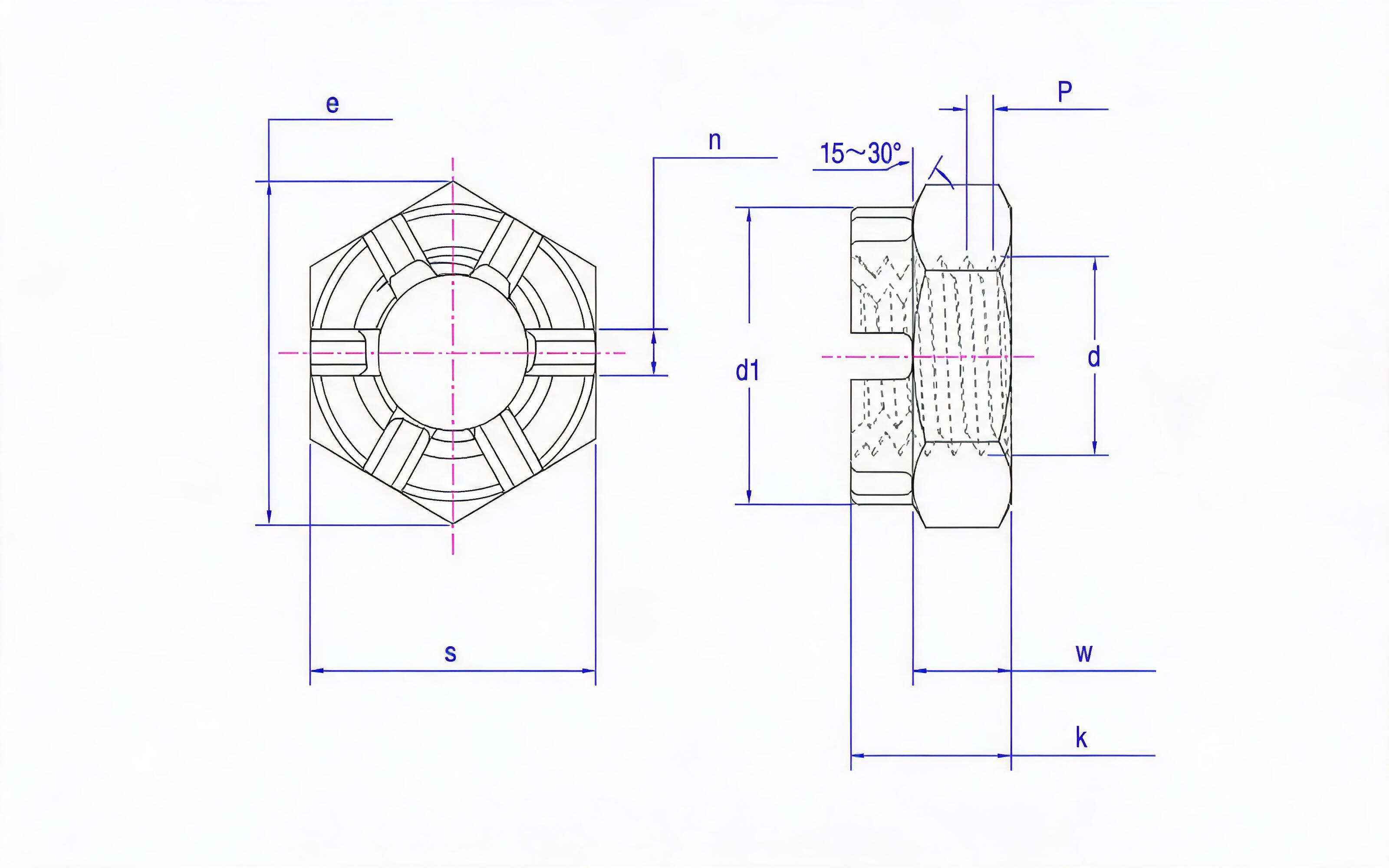SLOTTED CROWN THIN NUT Standard Drawing