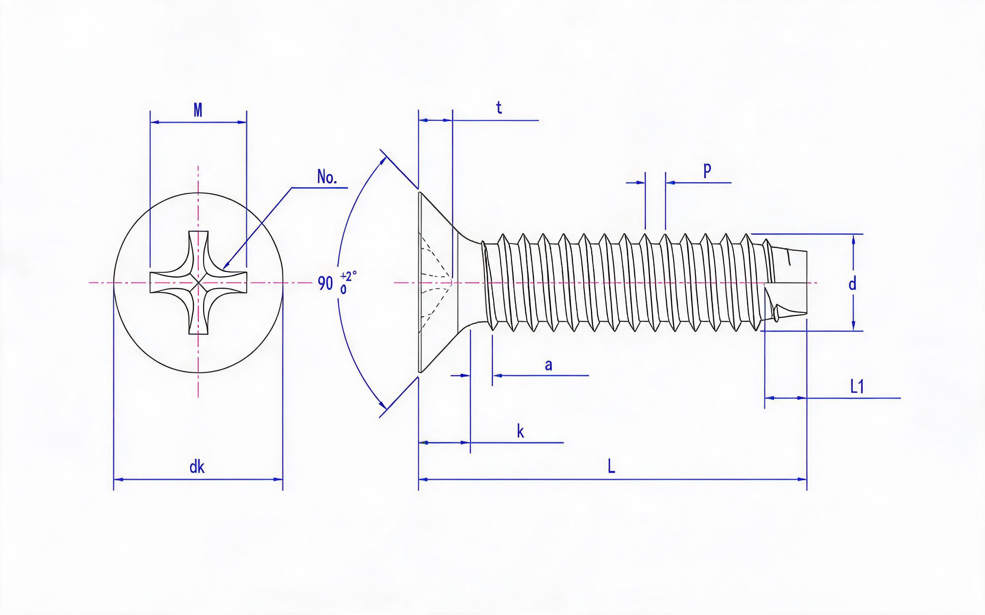 Scraping end of cross recessed countersunk head and tail cutting self-tapping screw (Type B) Standard Drawing