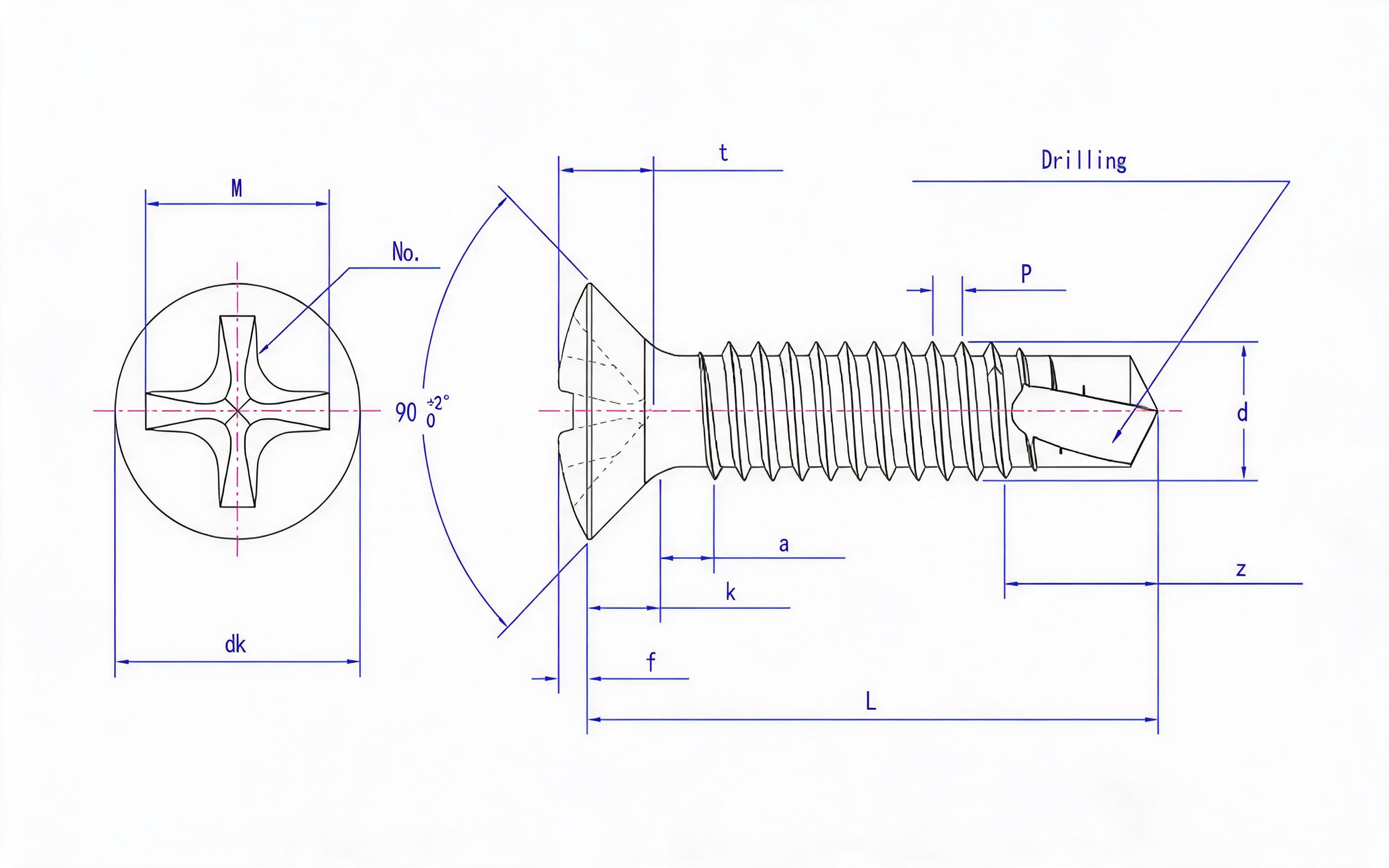 Cross recessed countersunk head self-tapping screw (Type H) Standard Drawing