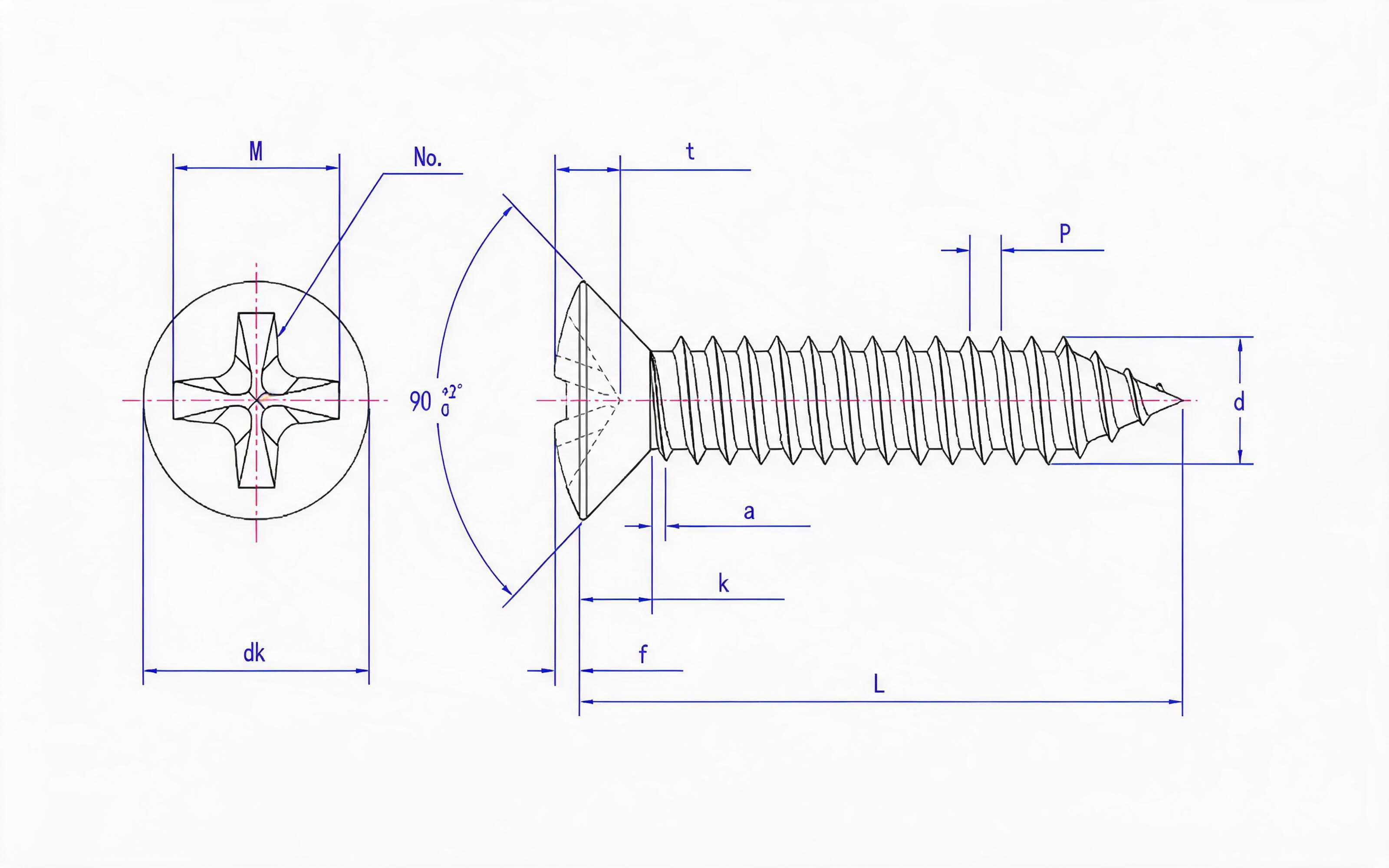 Cross recessed countersunk head self-tapping screw Type C Standard Drawing
