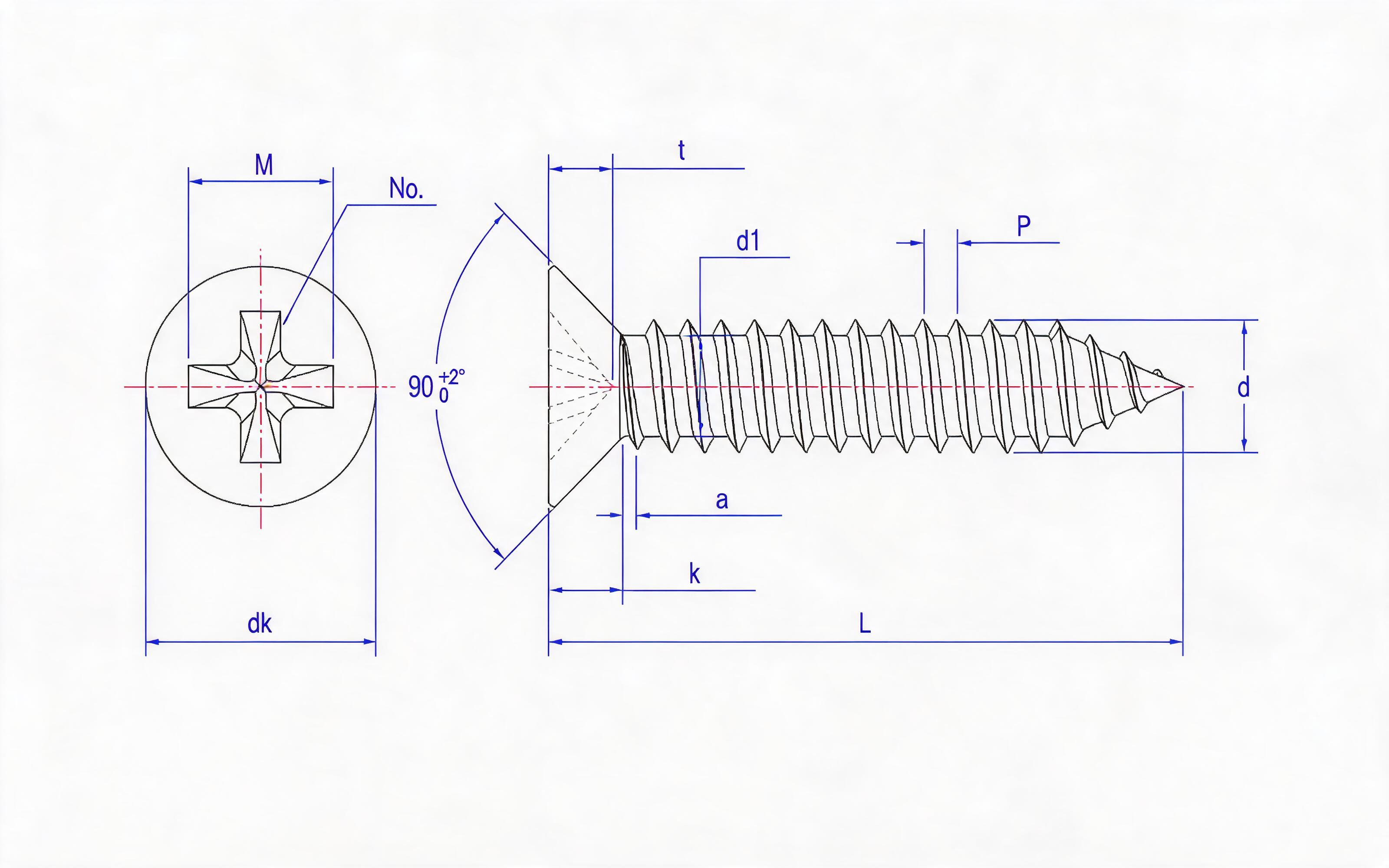 Cross recessed countersunk head self-tapping screw Type C Standard Drawing