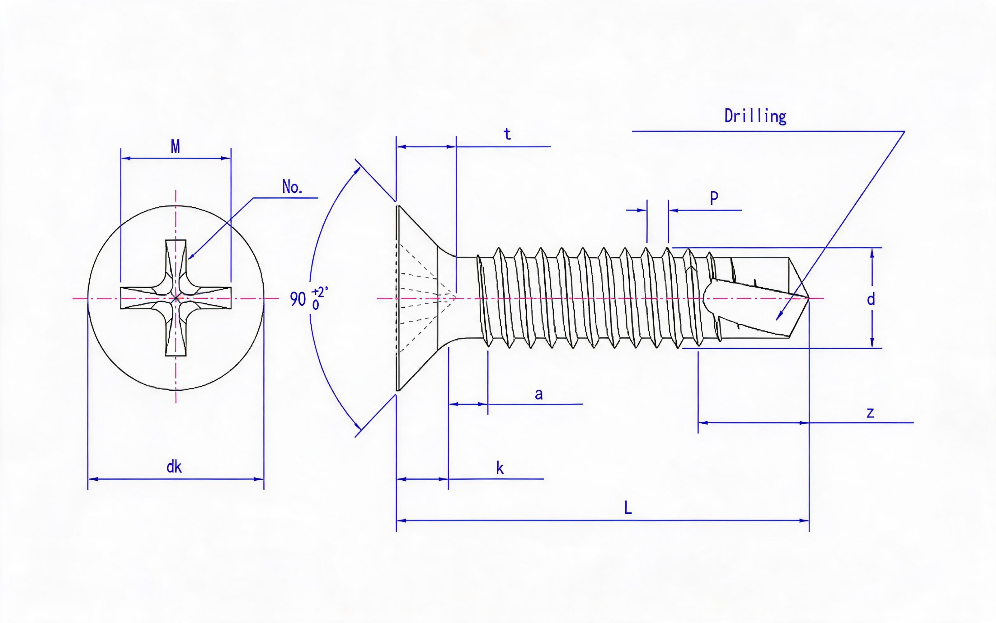 Cross recessed countersunk head self-tapping screw (Type H) Standard Drawing