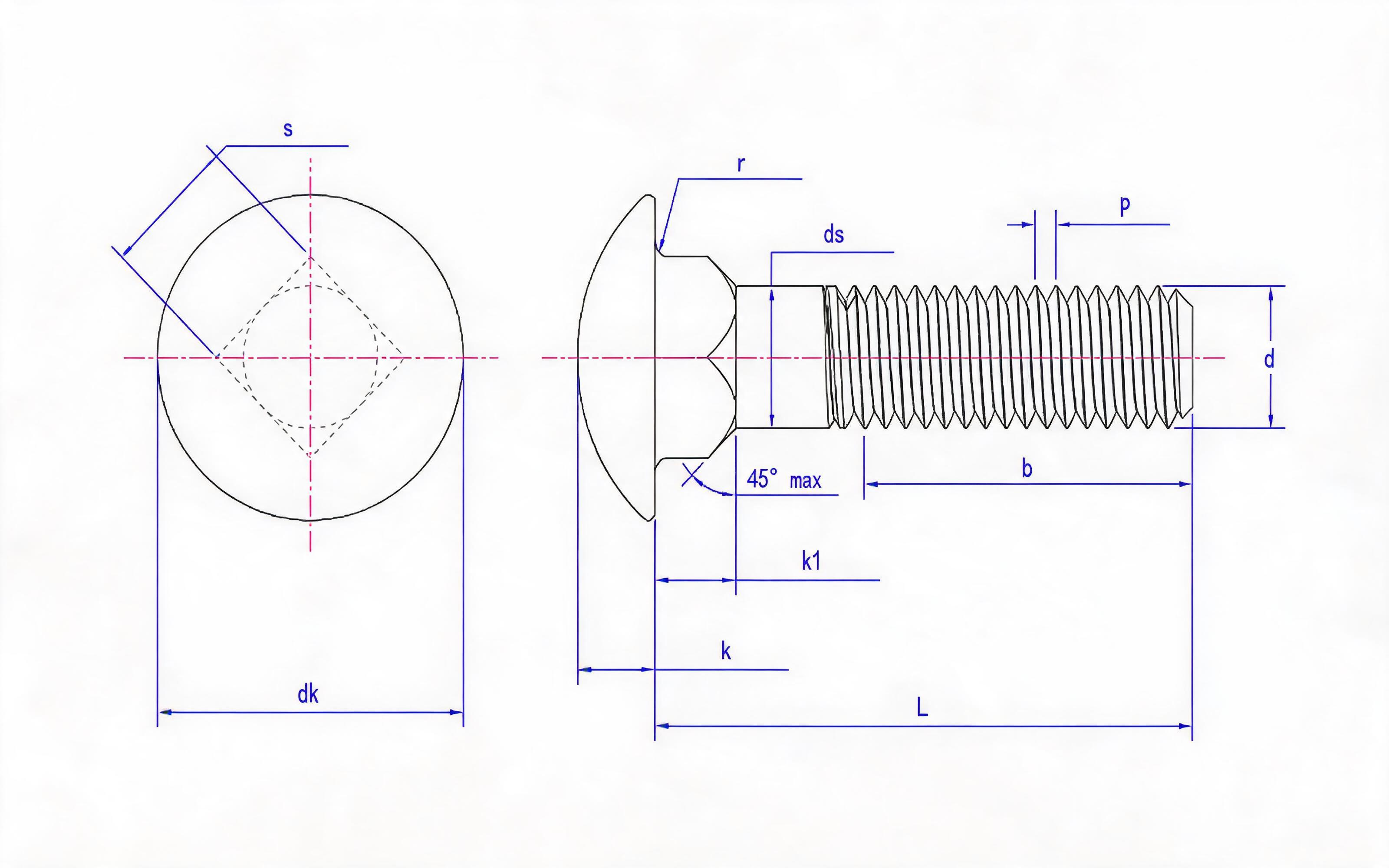 Large round head square neck bolt Standard Drawing