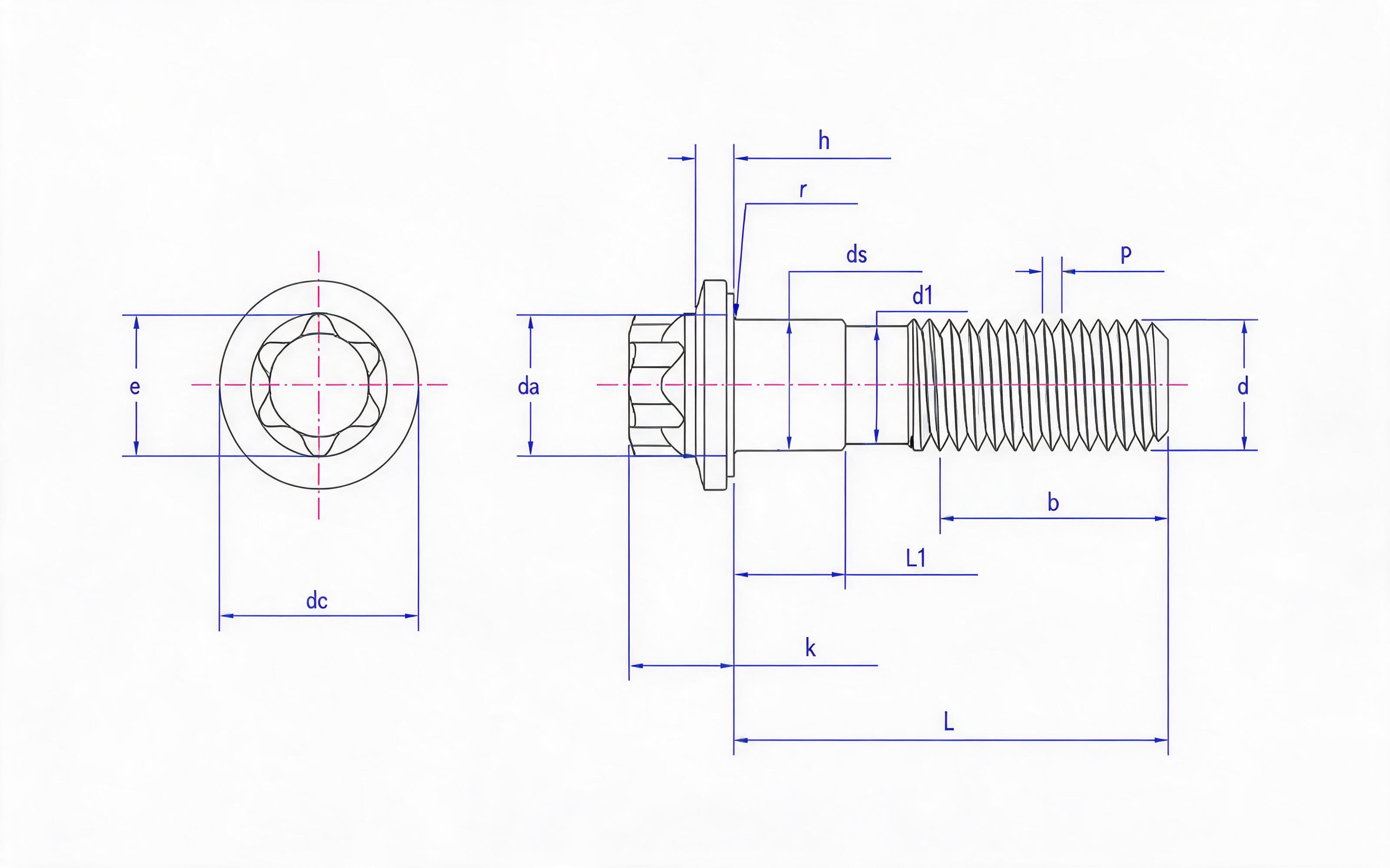 Large flange bolt of torx head fine rod (L ≥ 10d) Standard Drawing