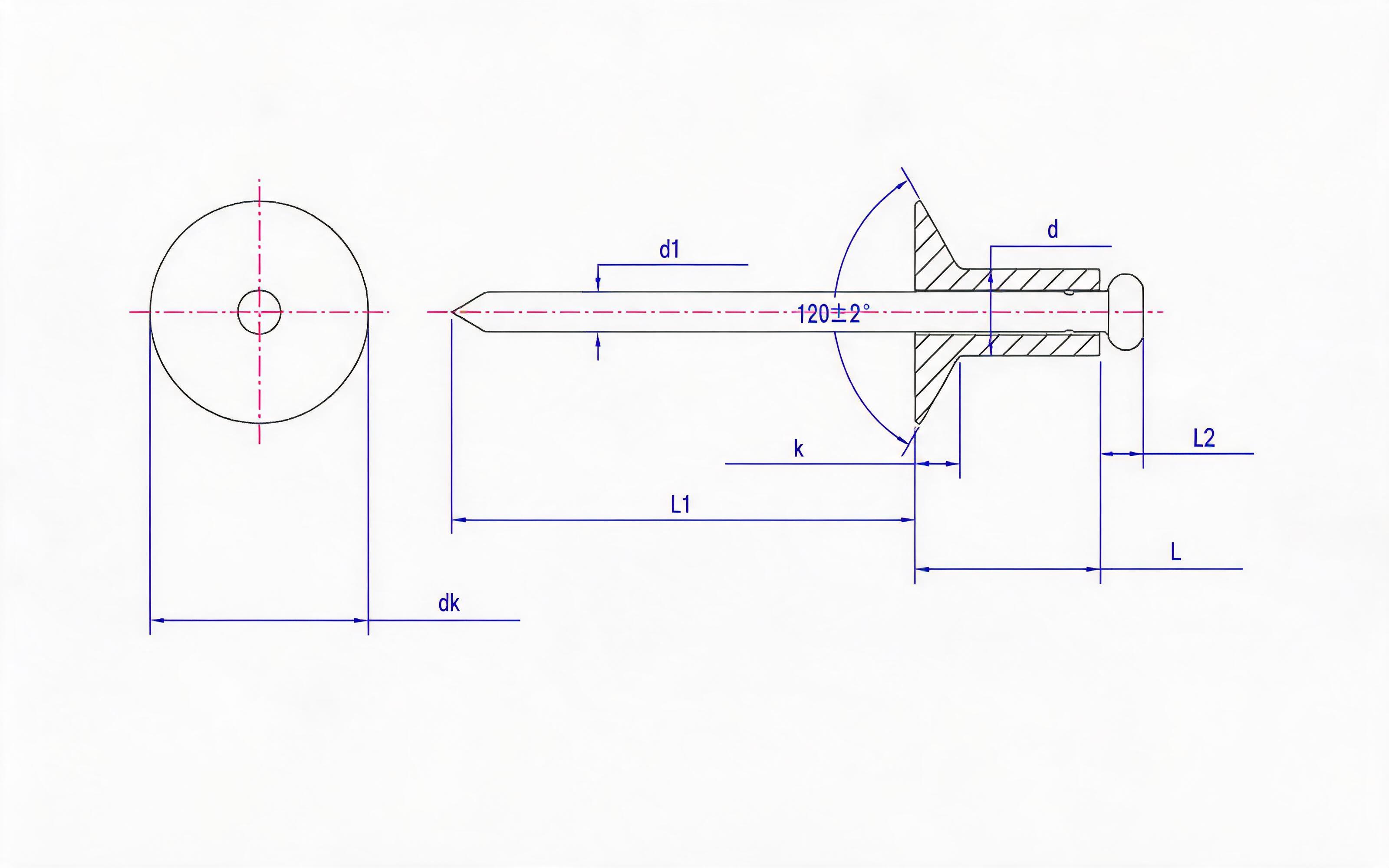 Open end countersunk head pop rivets - Grade 12 Standard Drawing