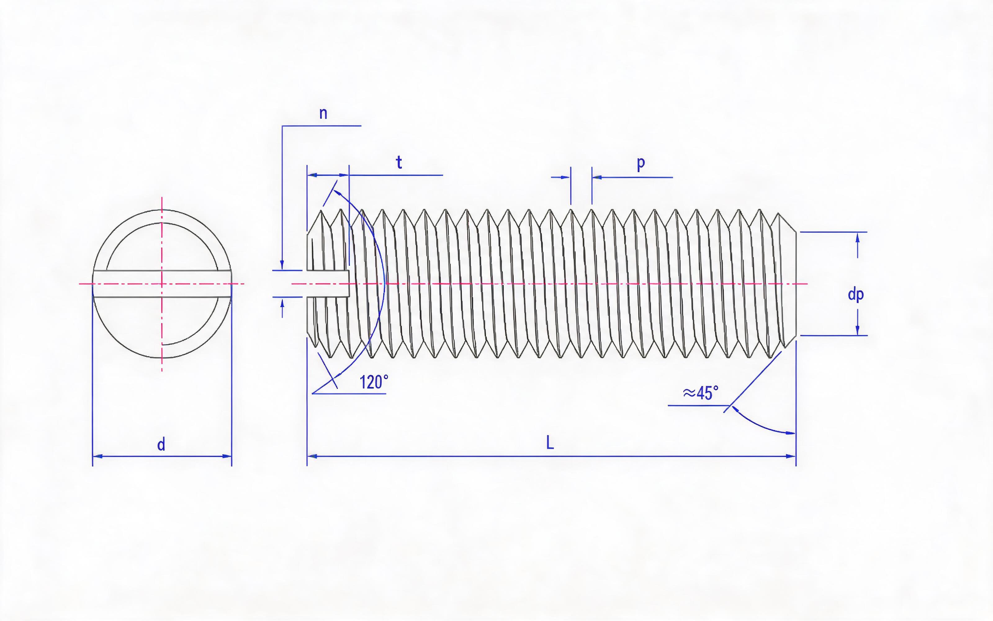 Slotted flat end set screw Standard Drawing