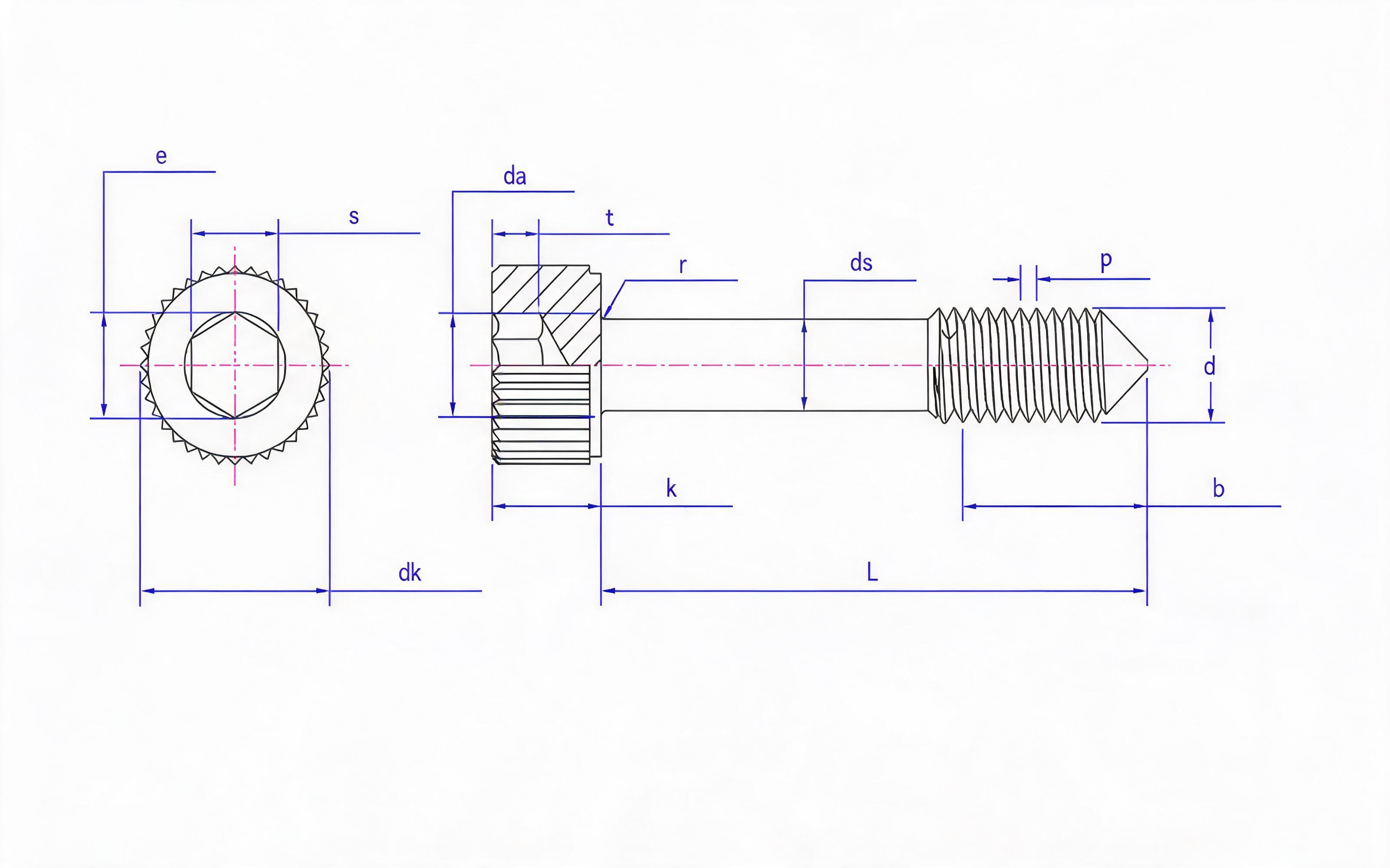 Knurled hexagon socket head captive screw L-shaped long thread (taper tail) Standard Drawing