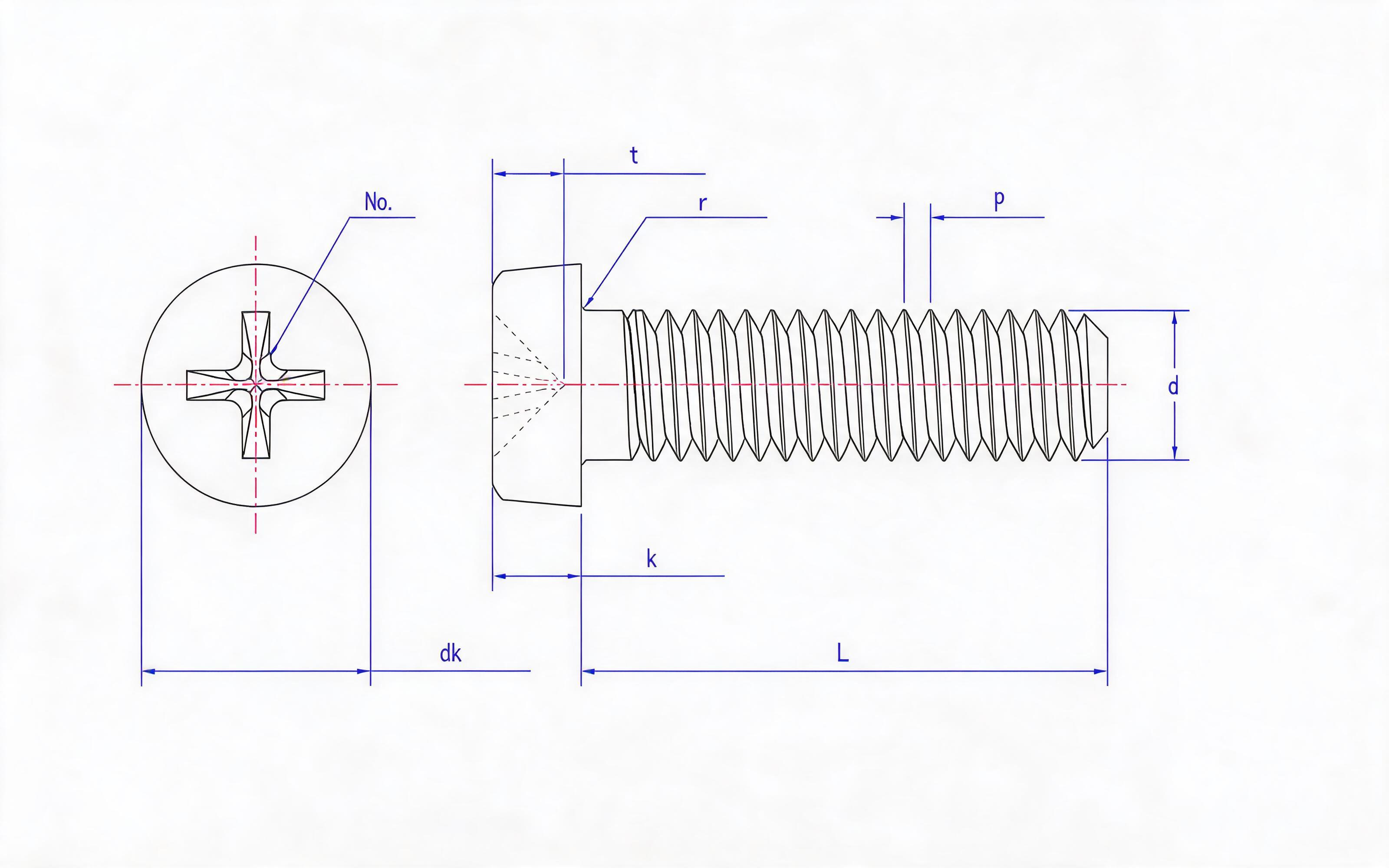 Precision Cross recessed round head screw - Table 1 Standard Drawing