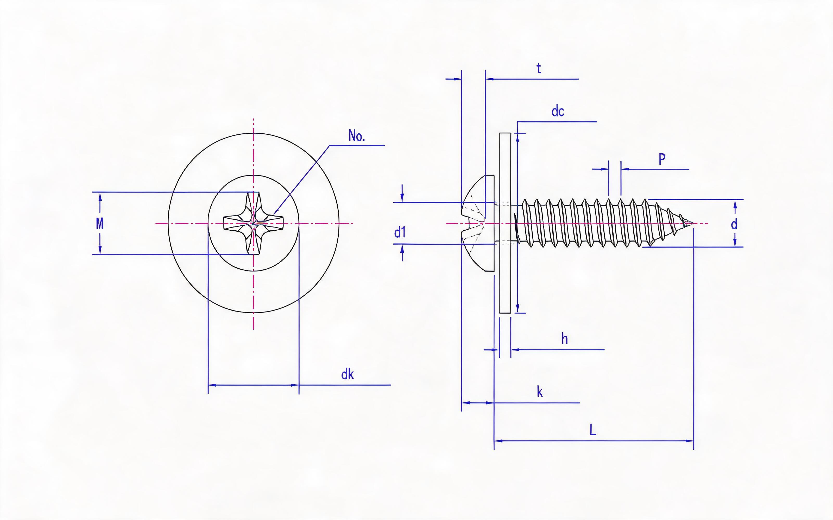 Combination C of Cross recessed panhead self-tapping screw and large flat washer Standard Drawing