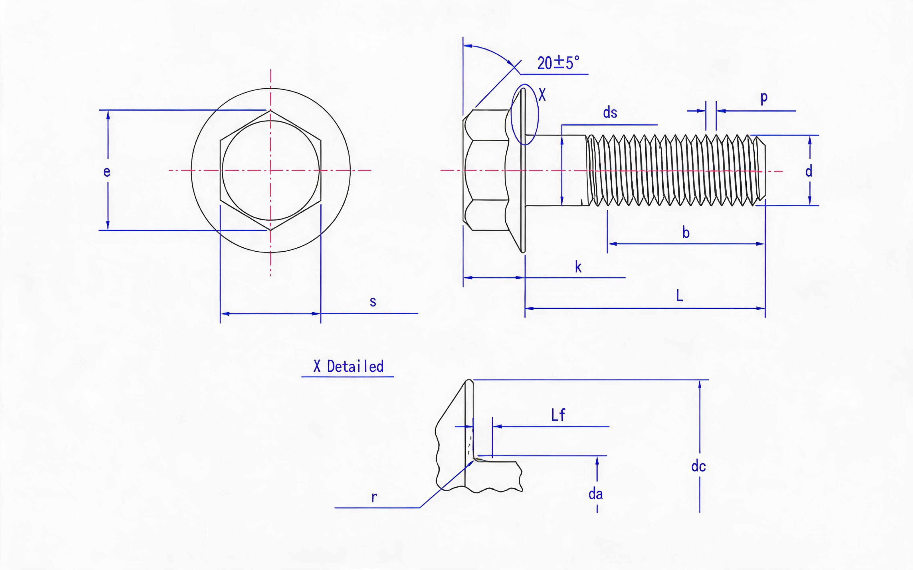 Hexagon flange coarse shank bolt Small series fine thread (type F) Standard Drawing