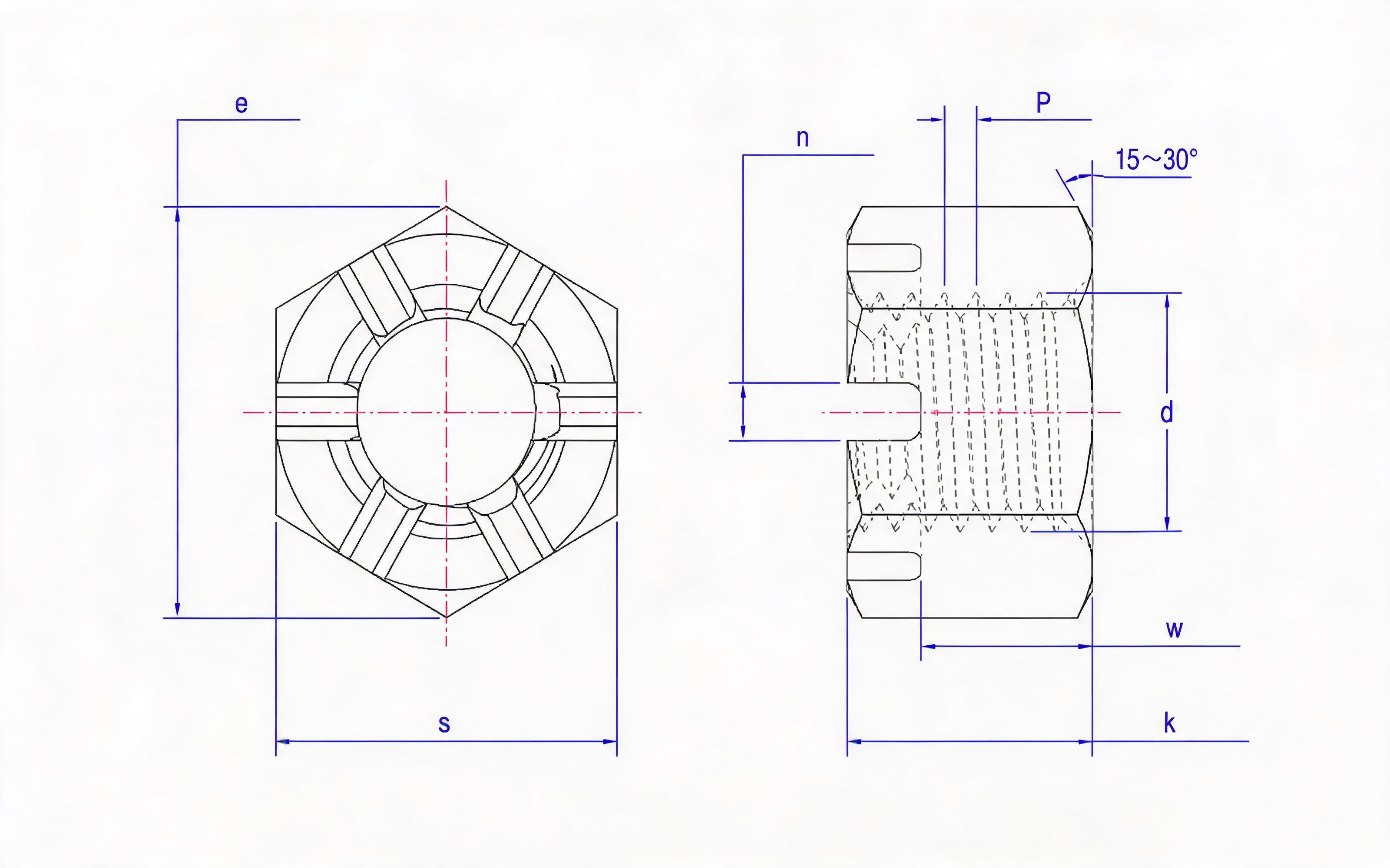 Slotted Hex Nut  Standard Drawing
