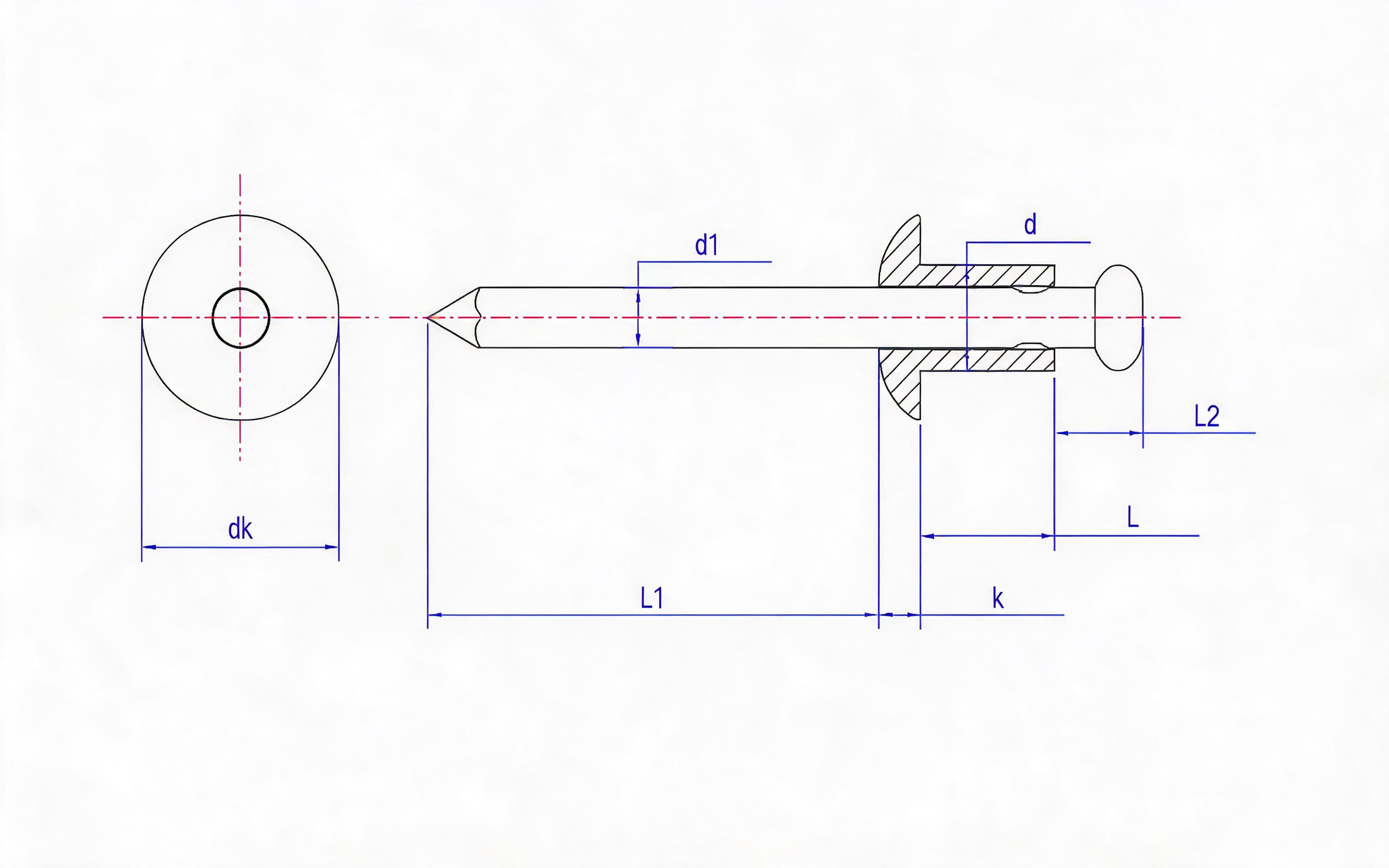 Open-type flat-head self-plugging rivets - Grade 40, 41 Standard Drawing