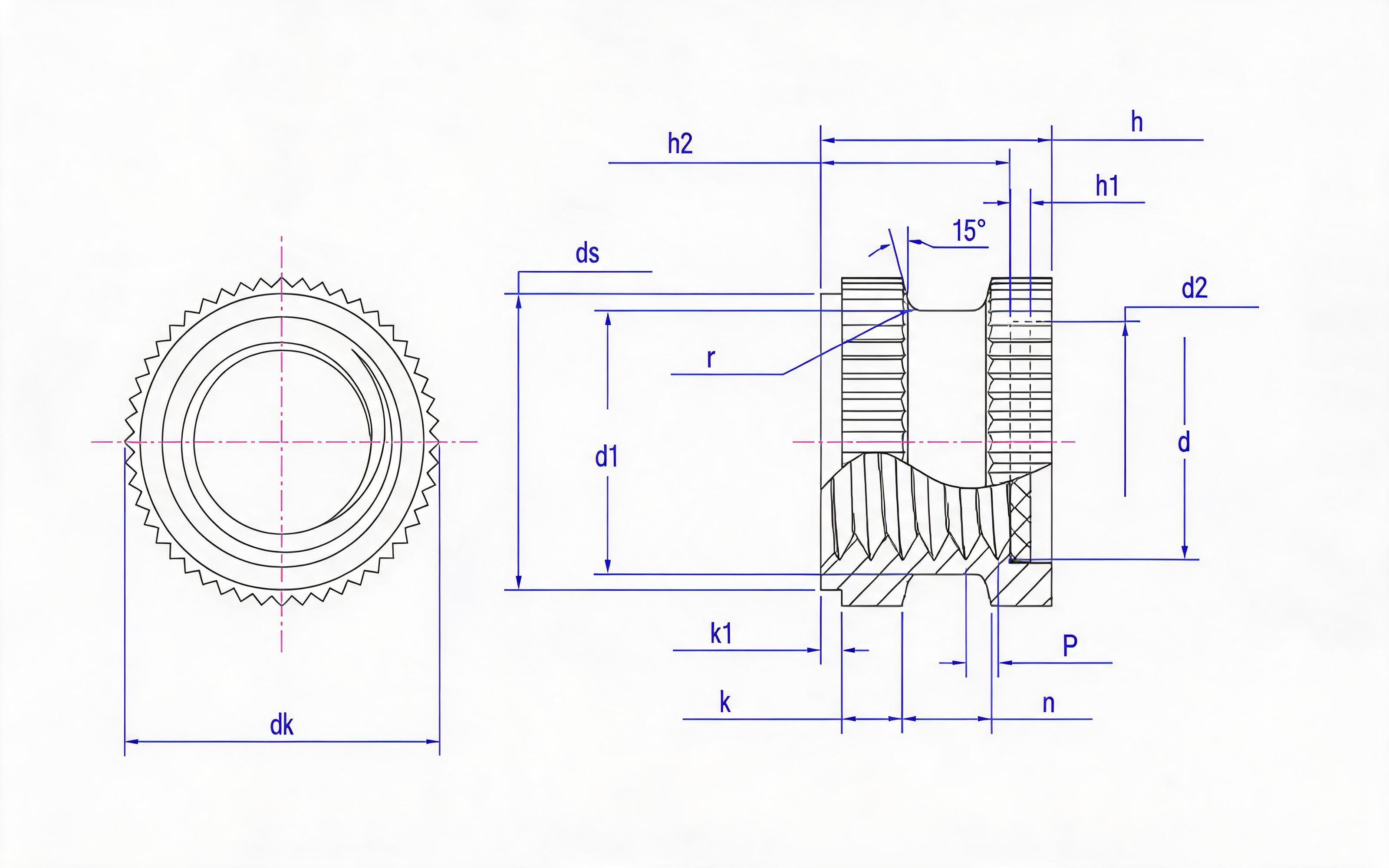 Knurled through-hole, step inserted with groove, nut with sealing gasket (H type) Standard Drawing