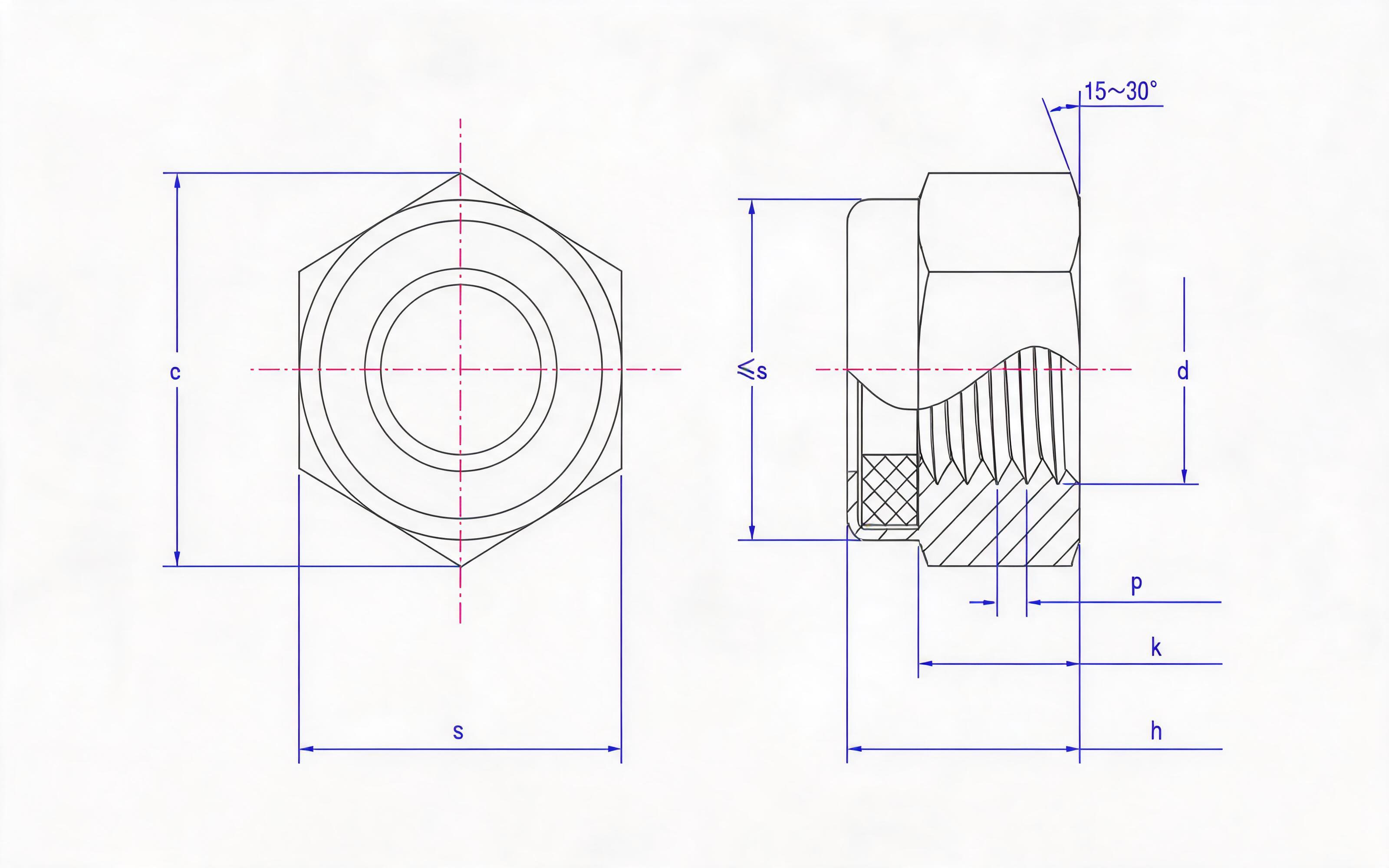 Type 1 non-metallic insert fine thread hexagon lock nut Grade 6, 8, 10 Standard Drawing