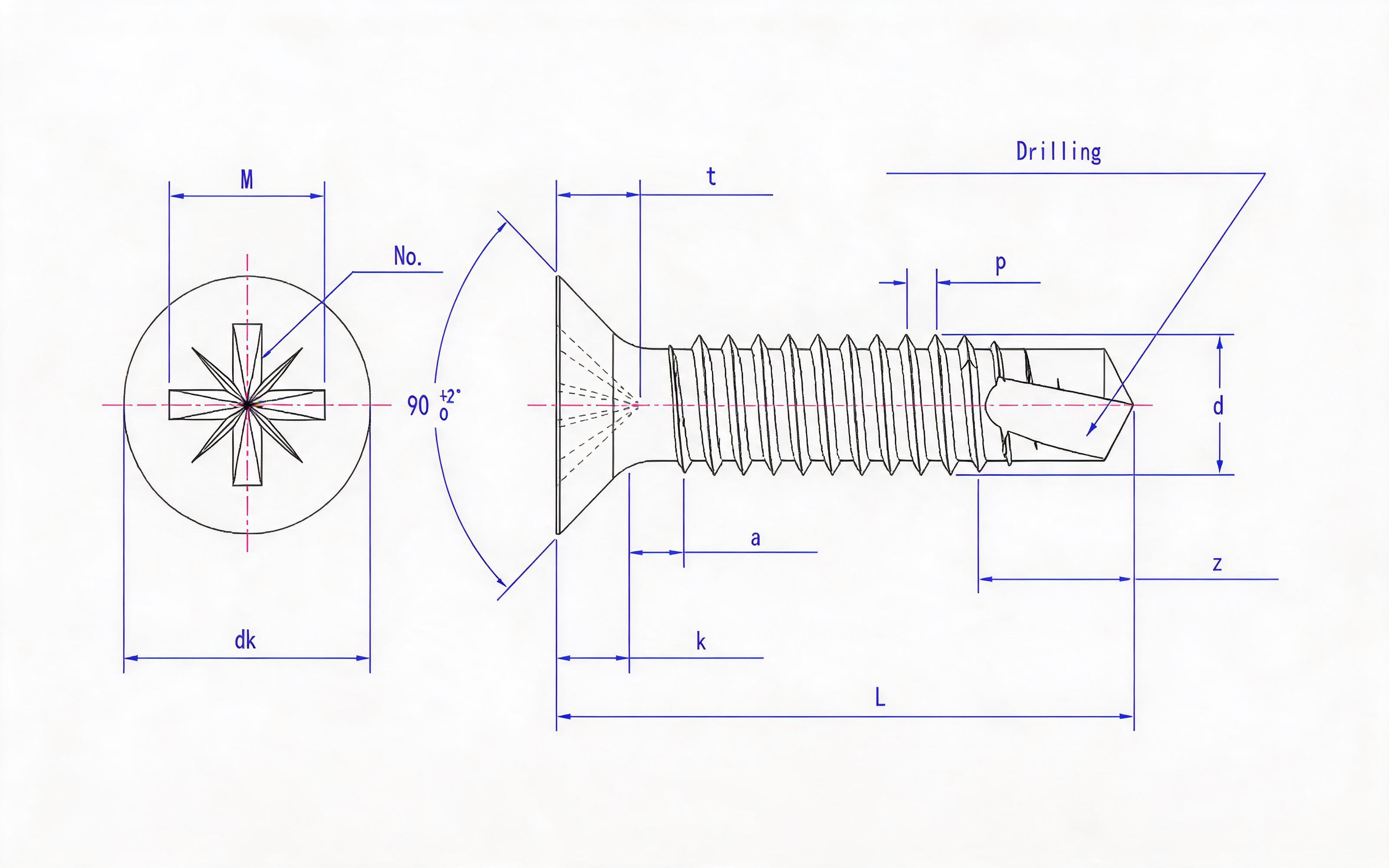 Mitre recessed countersunk head self-tapping screw (Z type) Standard Drawing