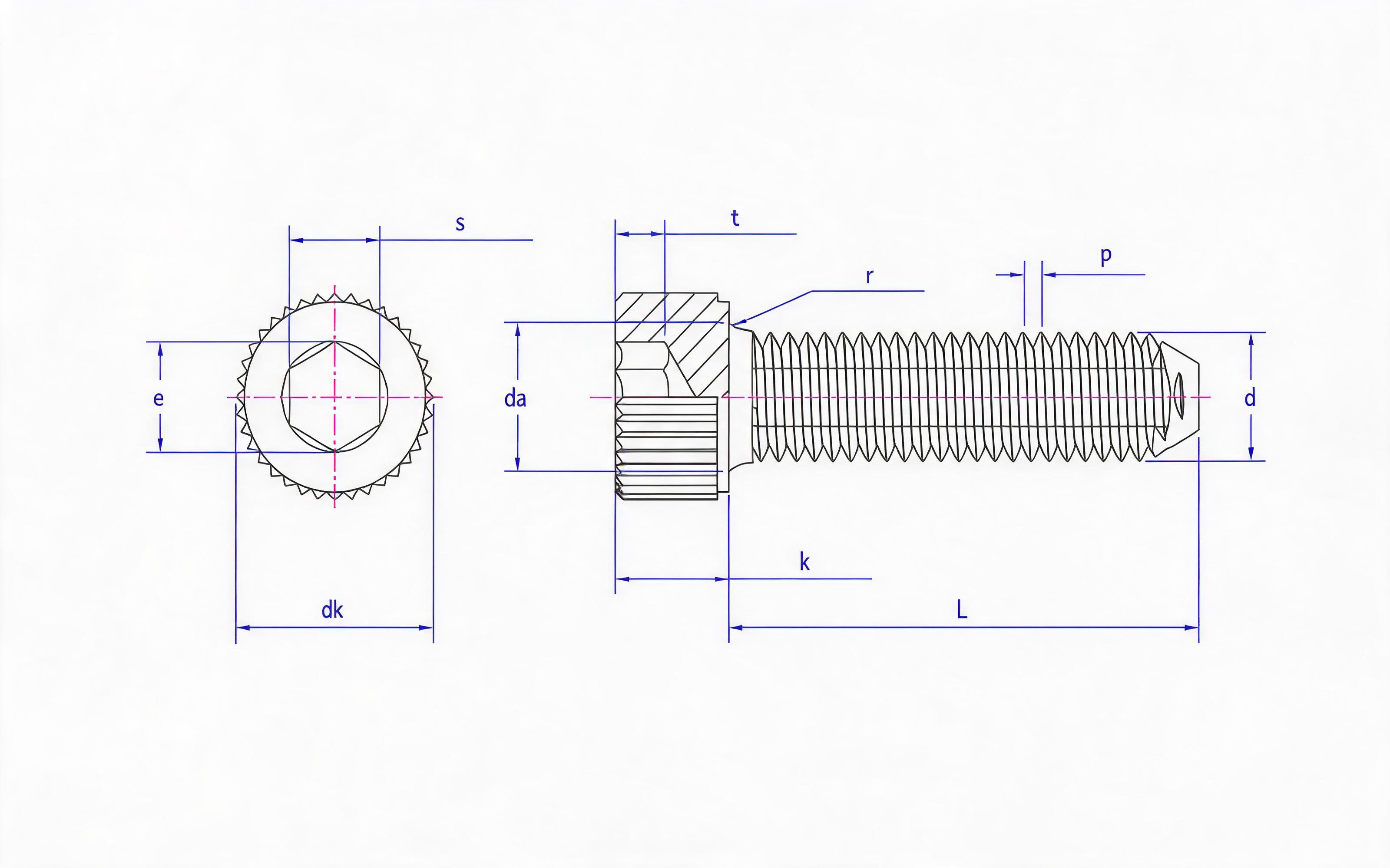 Knurled hexagon socket head triangular lock screw Standard Drawing