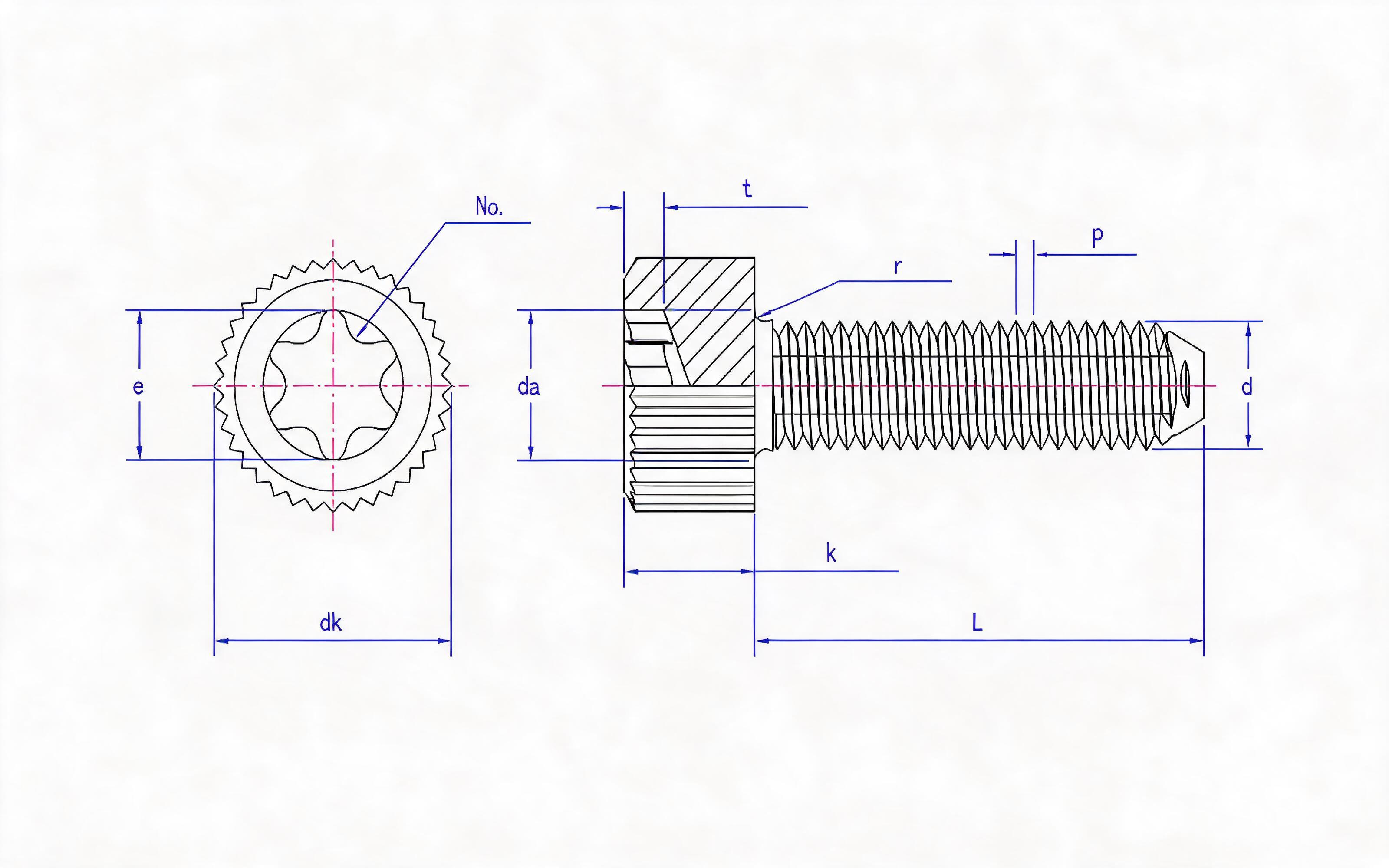 Knurled hexagon socket cheese head triangular lock screw Standard Drawing