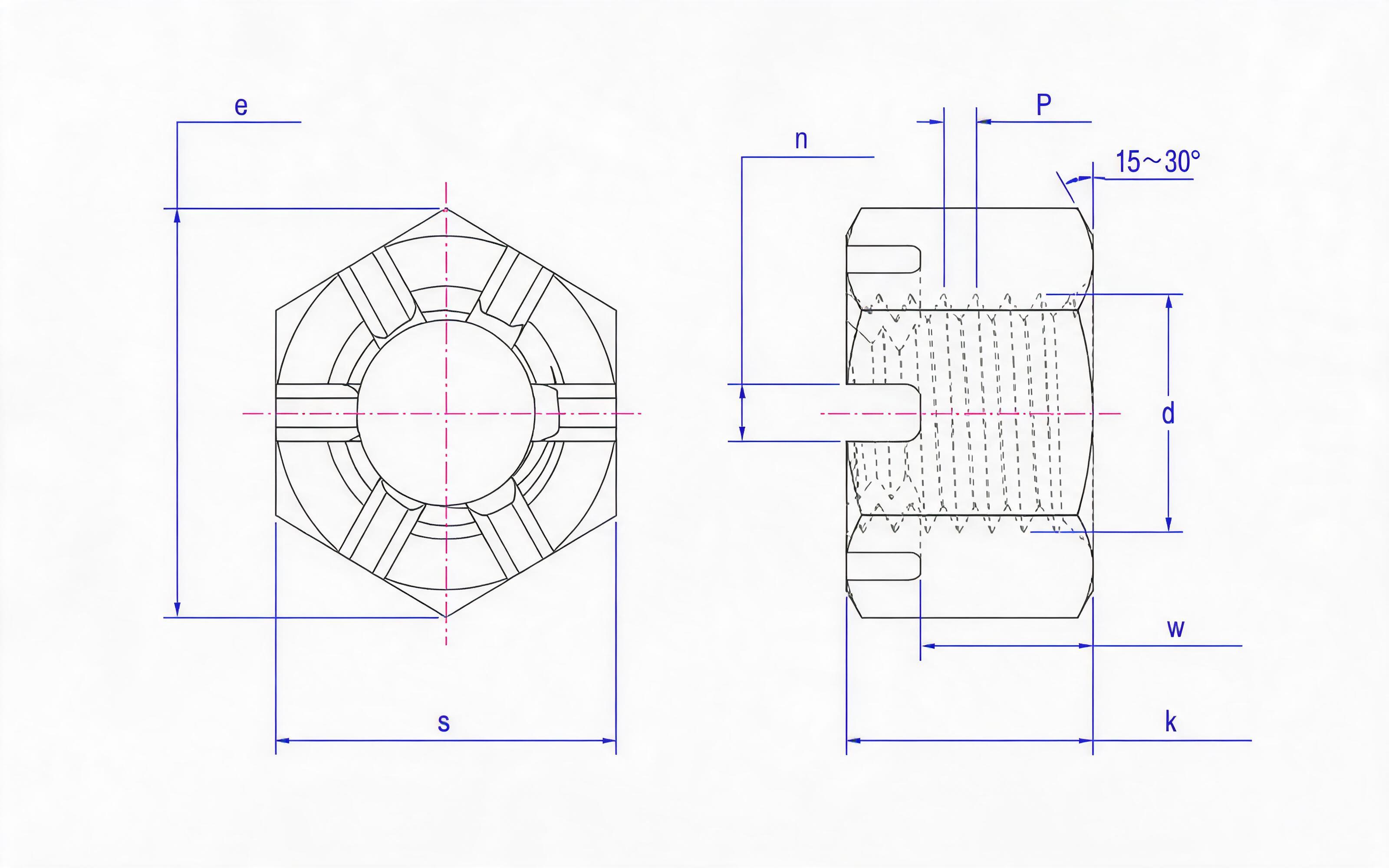 Slotted Hex Nut  Standard Drawing