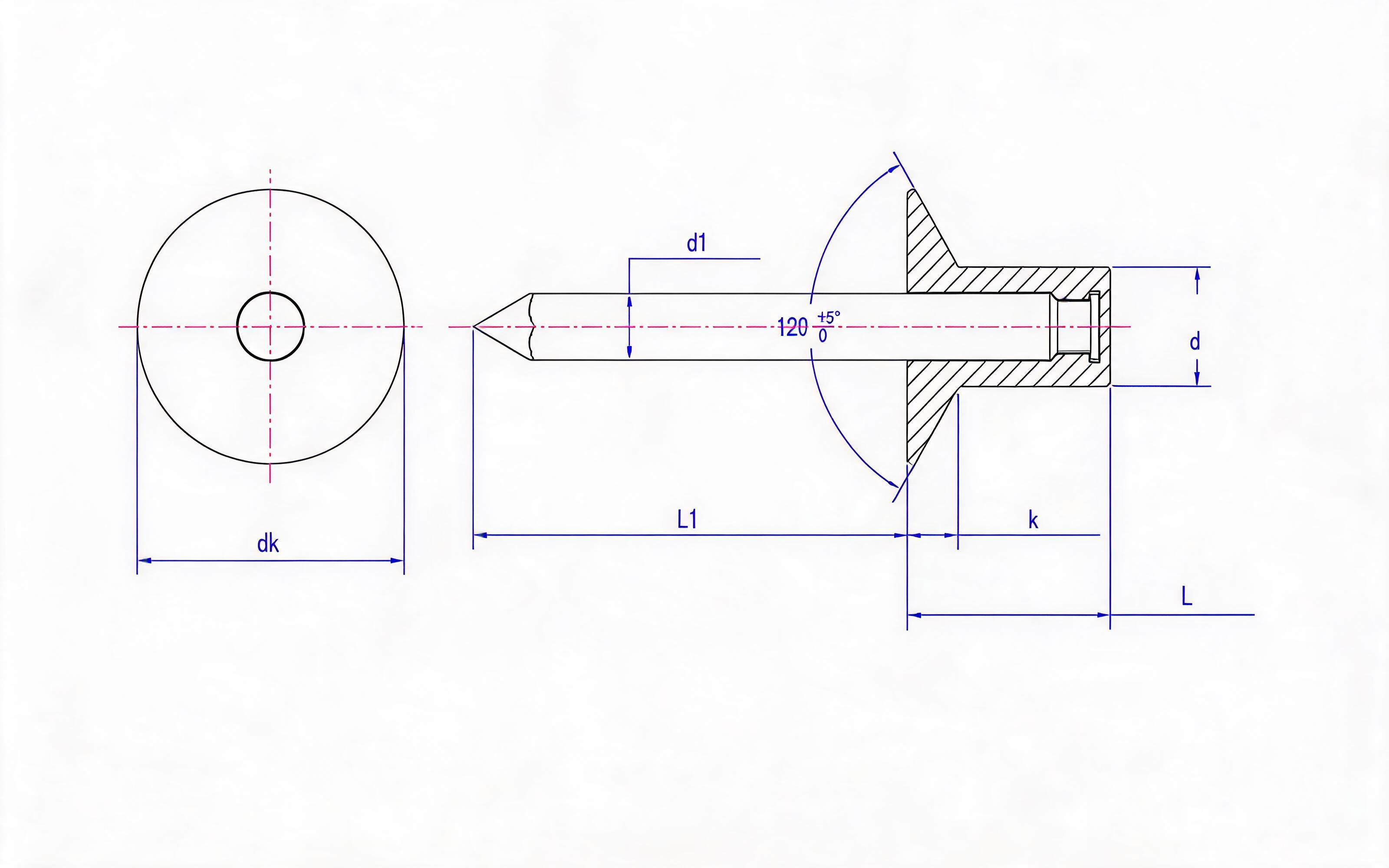 Closed countersunk self-plugging rivet Standard Drawing