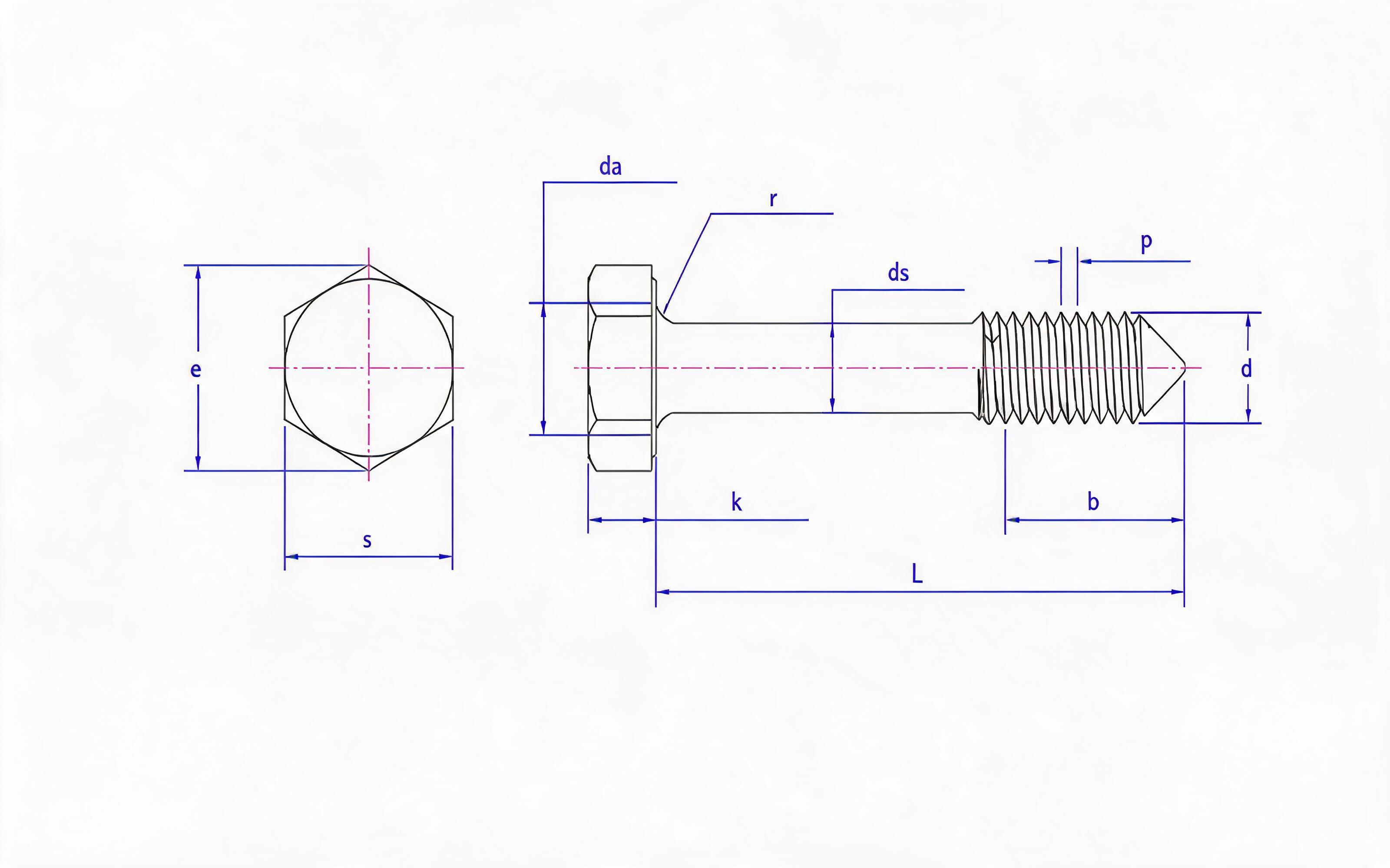 HEXAGON HEAD WITHOUT SCREW L-TYPE LONG THREAD (CONE TAIL) Standard Drawing