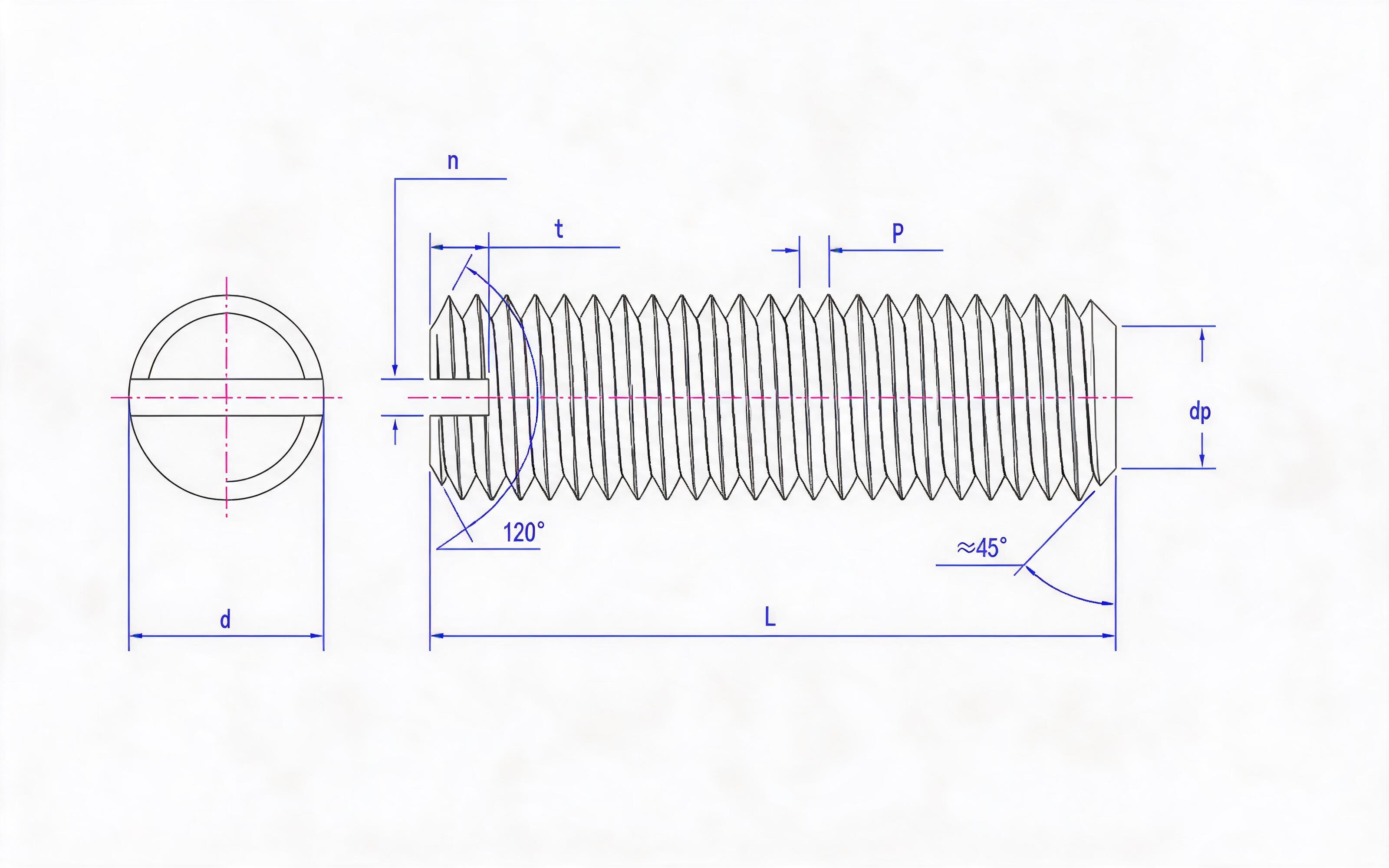 Slotted flat end set screw Standard Drawing