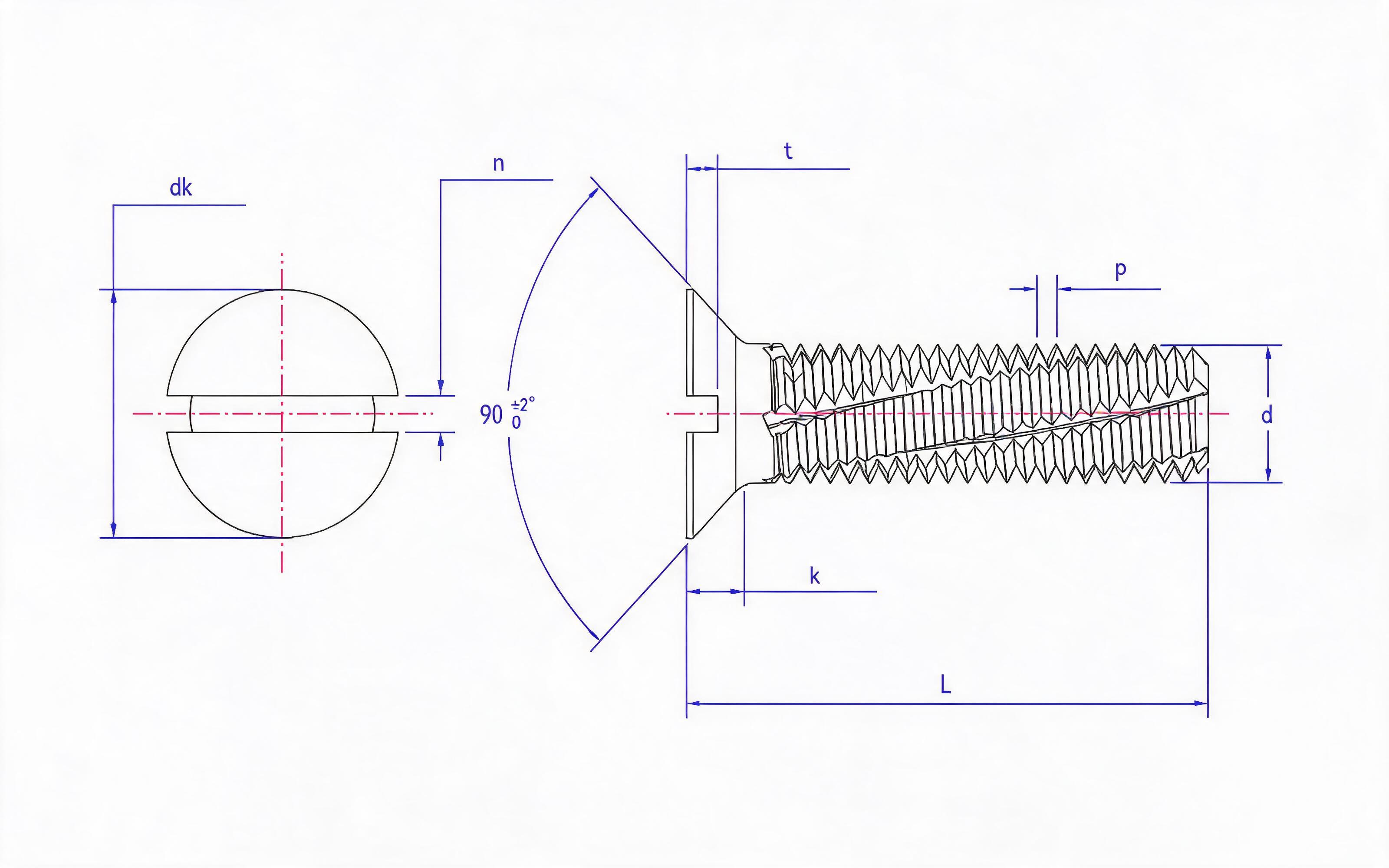 Slotted countersunk head cutting screw Standard Drawing