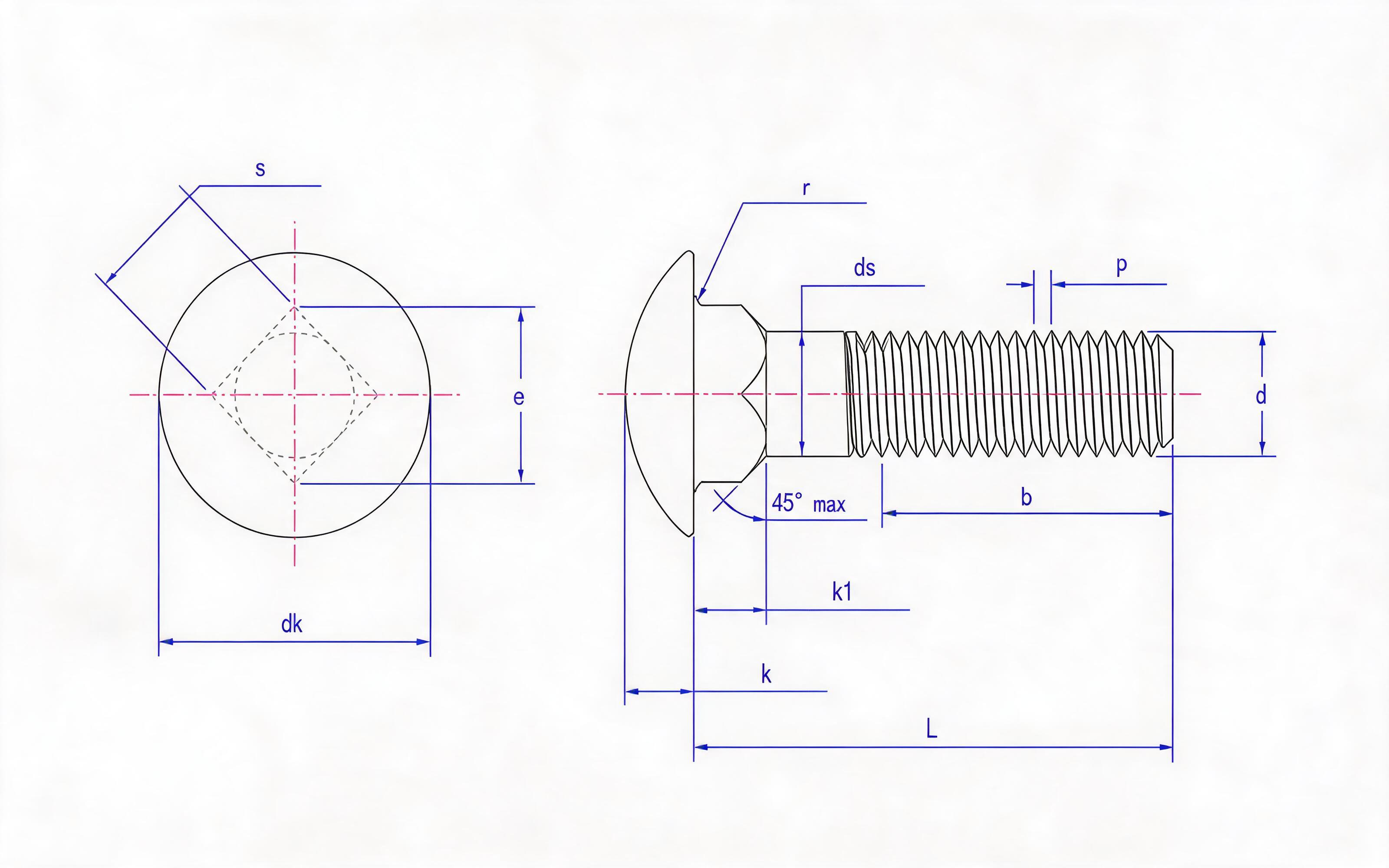 Flat round head square neck bolt Standard Drawing