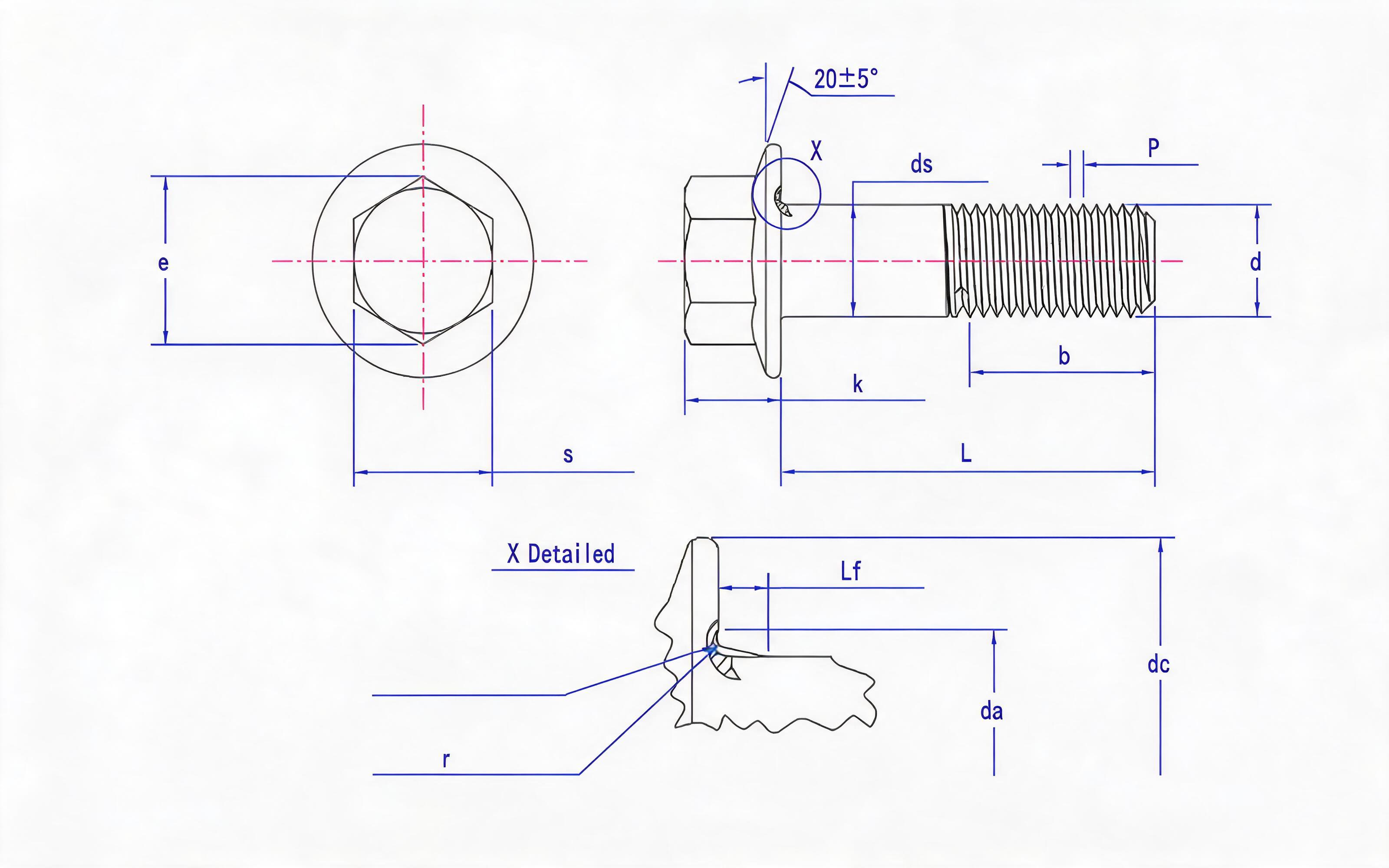 Hexagon flange coarse shank bolt Small series fine thread (U-shaped) Standard Drawing