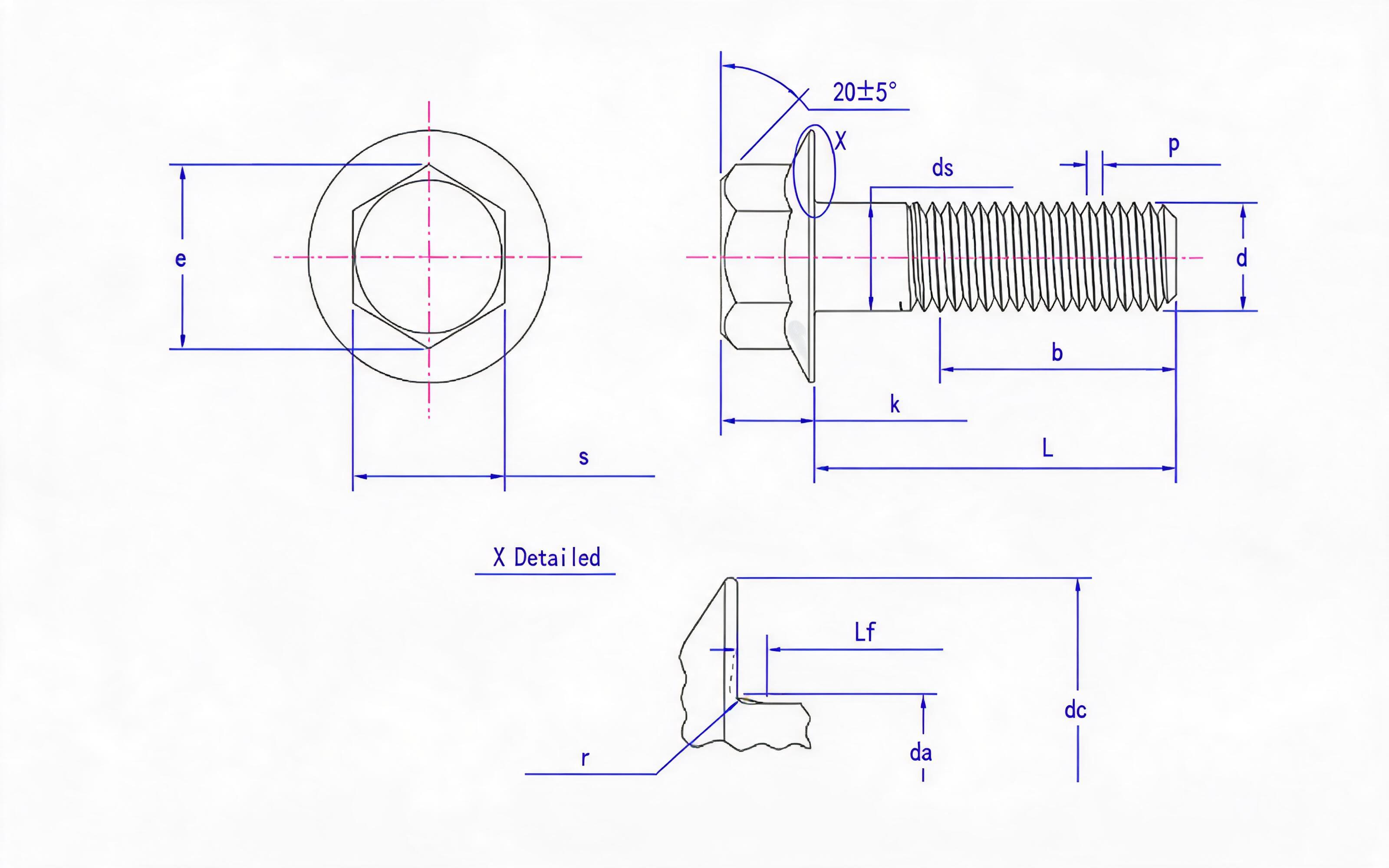 Hexagon flange coarse shank bolt fine thread small series (F standard) Standard Drawing
