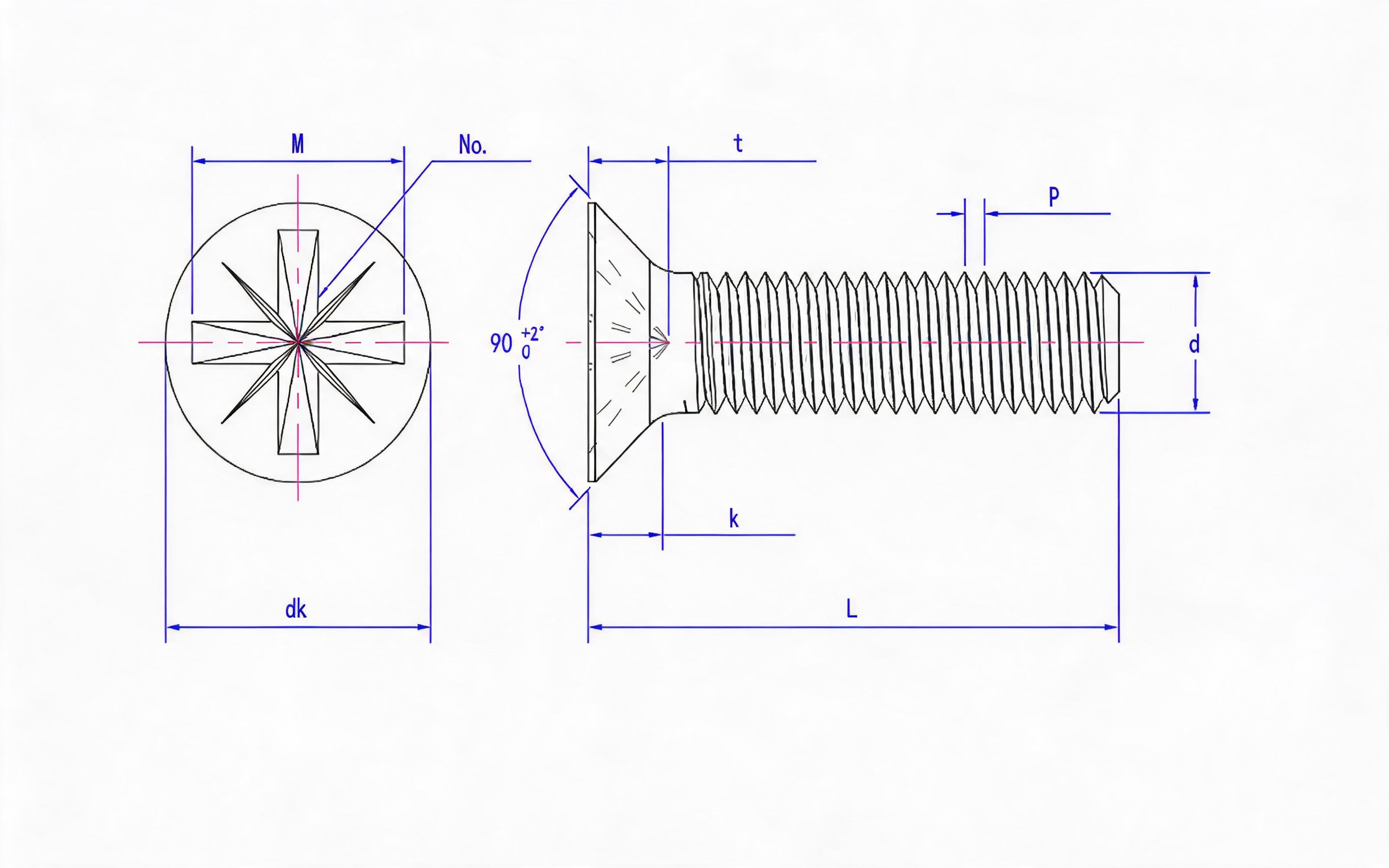 Grade 8.8, stainless steel and non-ferrous deep herringbone groove countersunk head screw (Z-groove) Standard Drawing