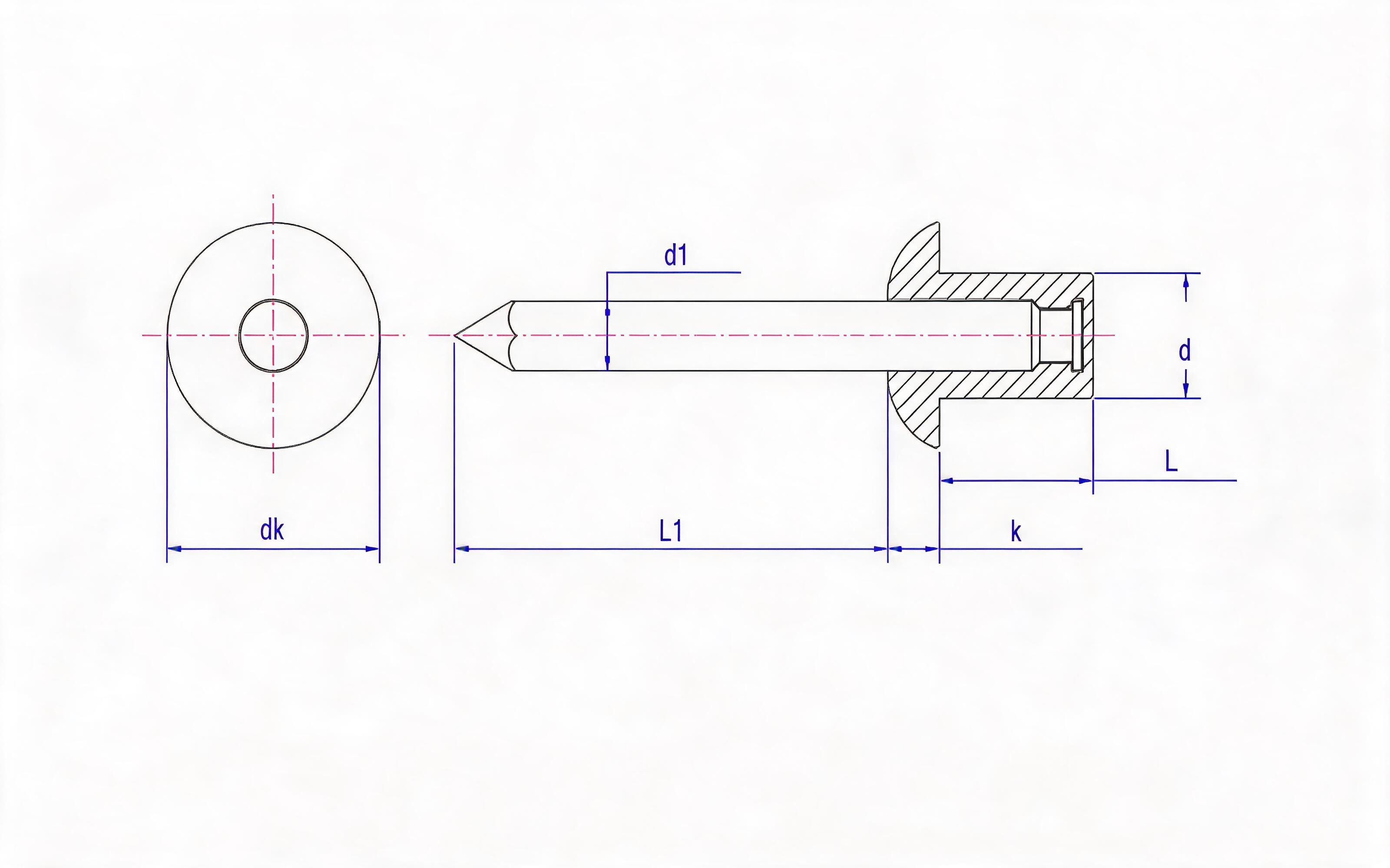 Aluminum-capped, iron-core, closed-end, half-round head, self-plugging rivets - Grade 11 Standard Drawing
