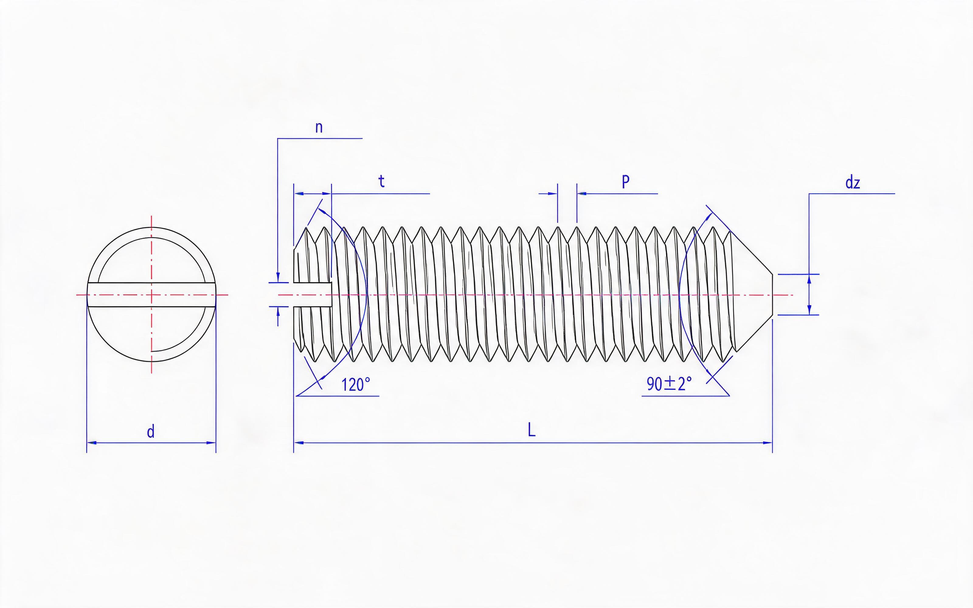 Slotted taper end set screw Standard Drawing