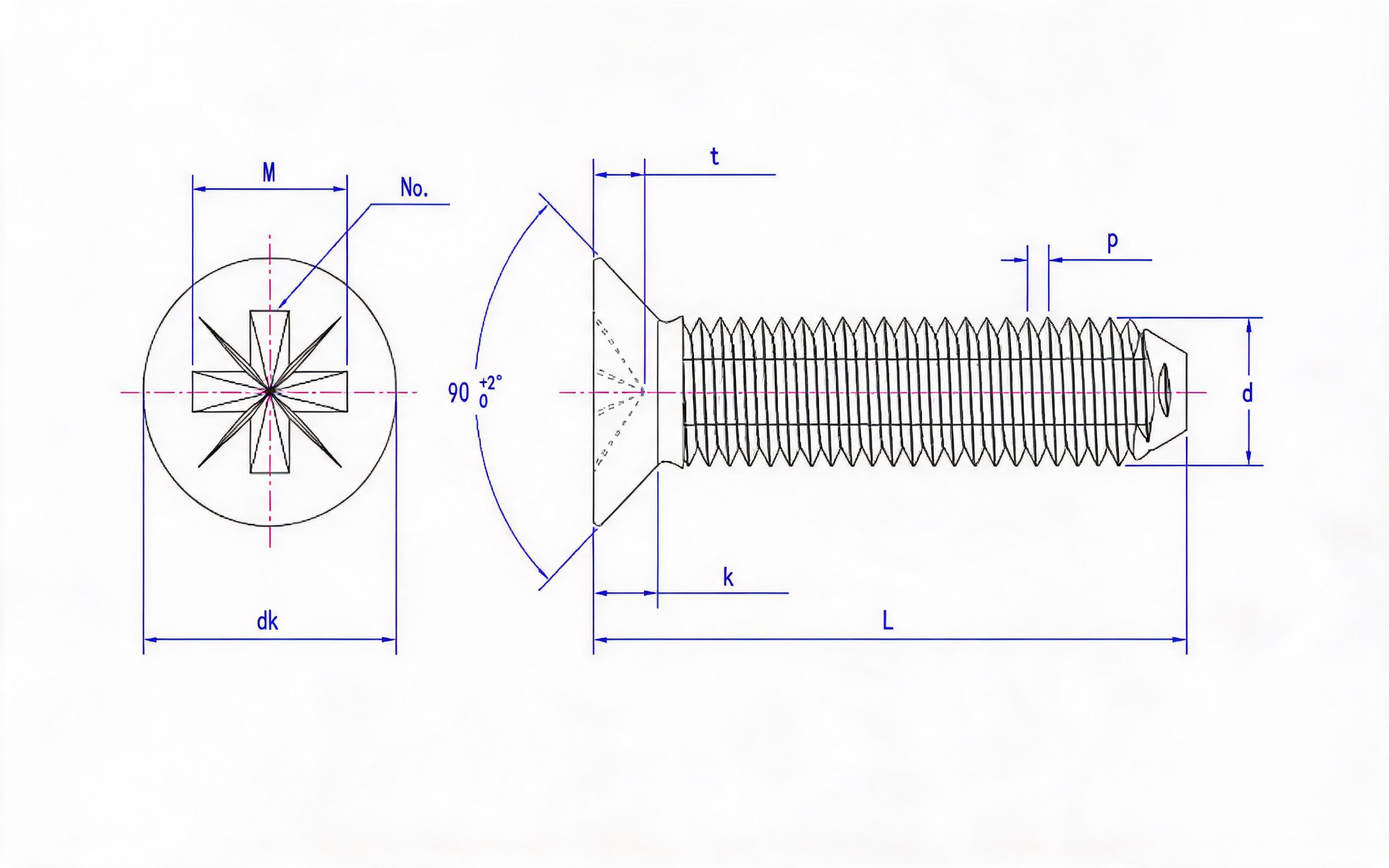 Herringbone recessed countersunk head self-extrusion screw (type Z) Standard Drawing