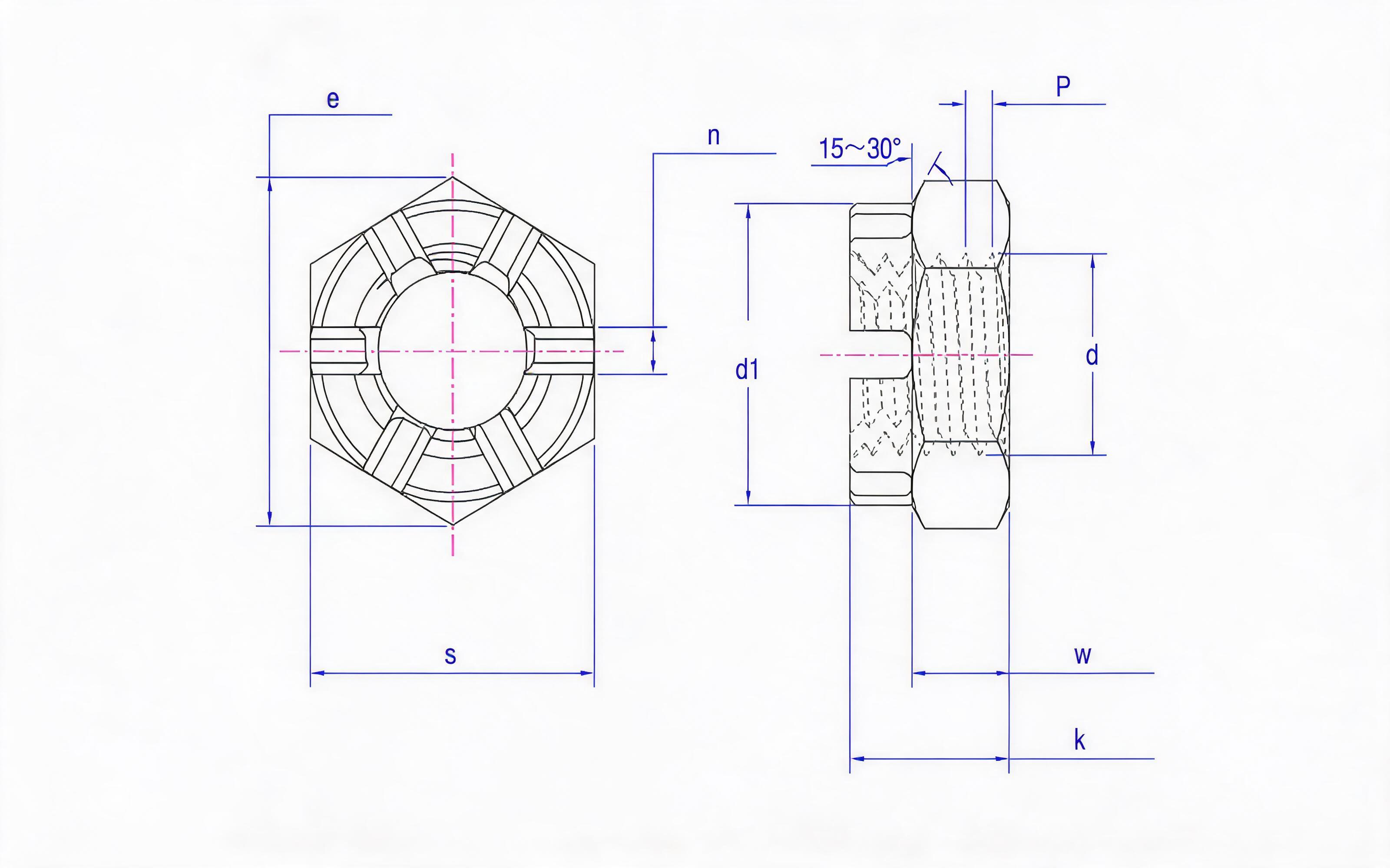 SLOTTED CROWN THIN NUT (LARGE OPPOSITE EDGE) Standard Drawing
