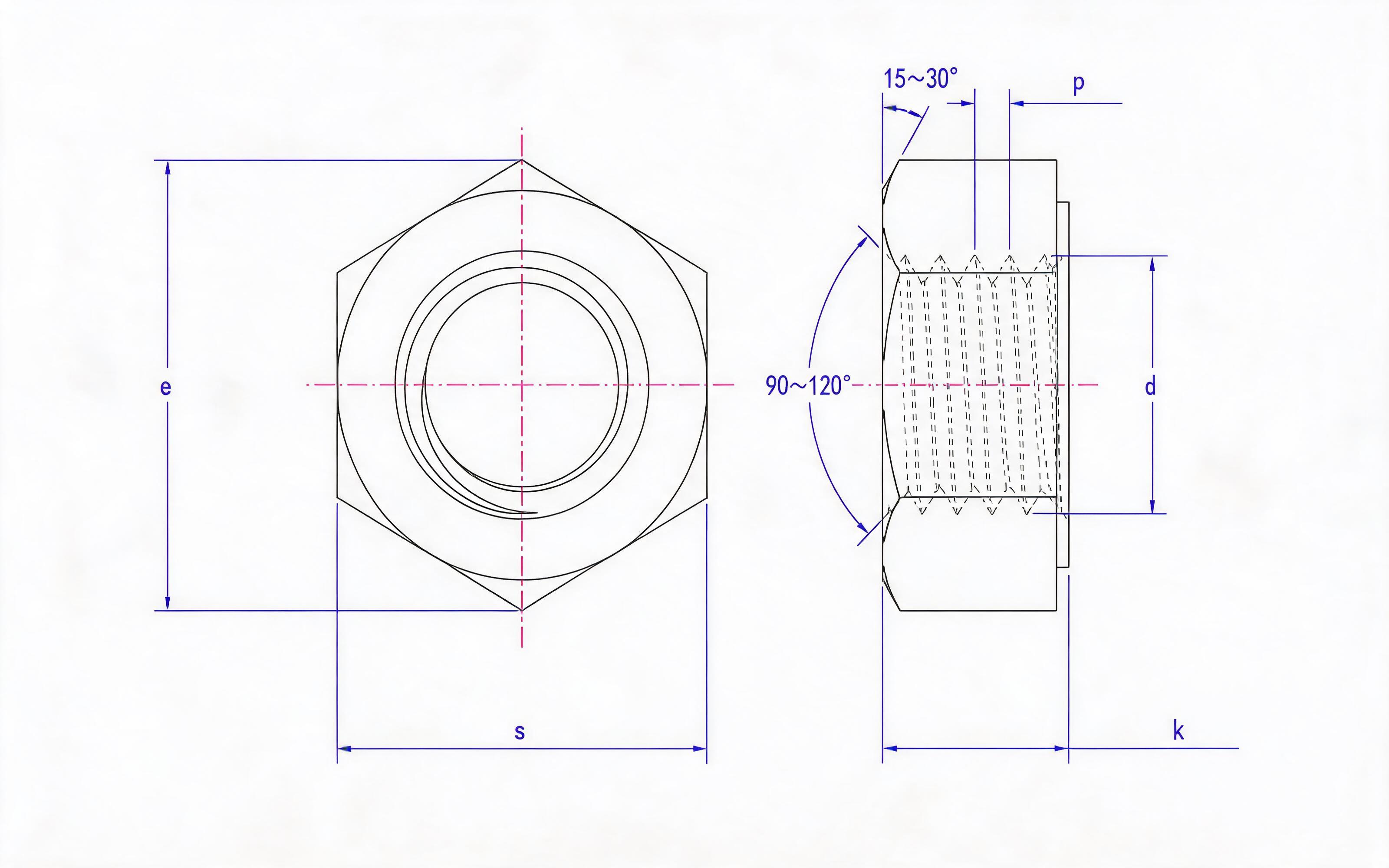 Type 1 single chamfered hexagon nut fine thread Standard Drawing