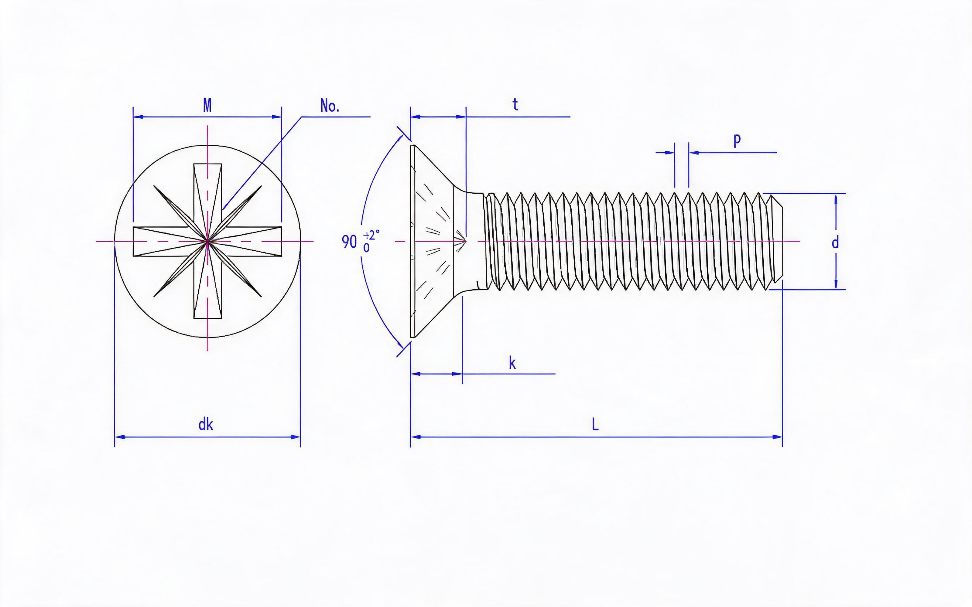 Grade 8.8, stainless steel and non-ferrous deep herringbone groove countersunk head screw (Z-groove) Standard Drawing