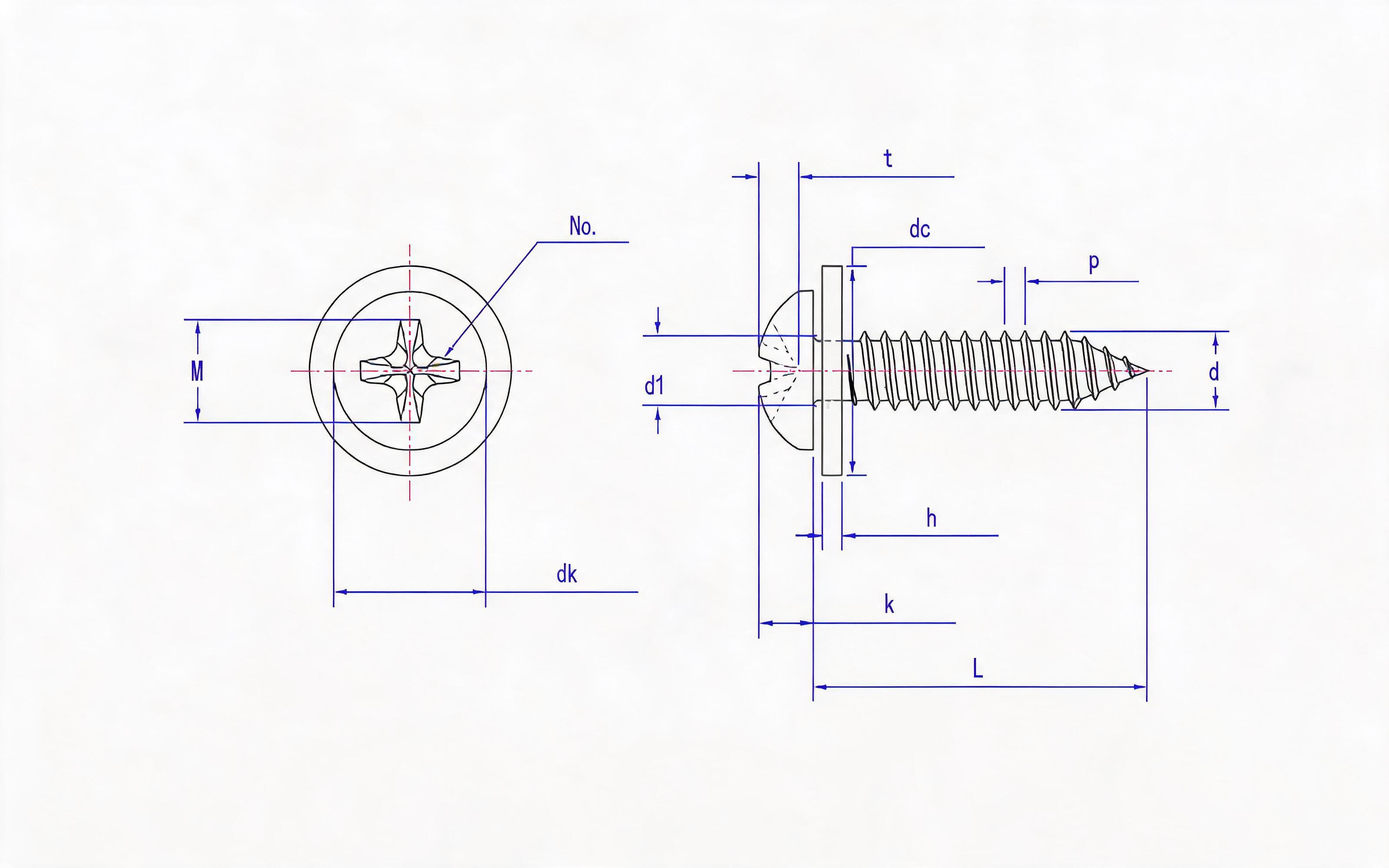 Cross recessed panhead self-tapping screw and flat washer combination type C Standard Drawing
