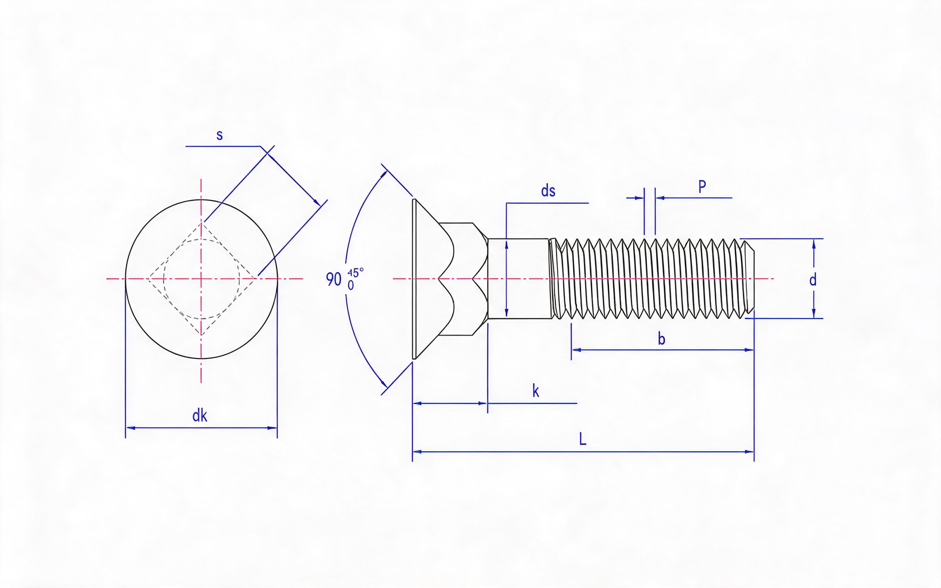 Countersunk short square neck bolt Standard Drawing
